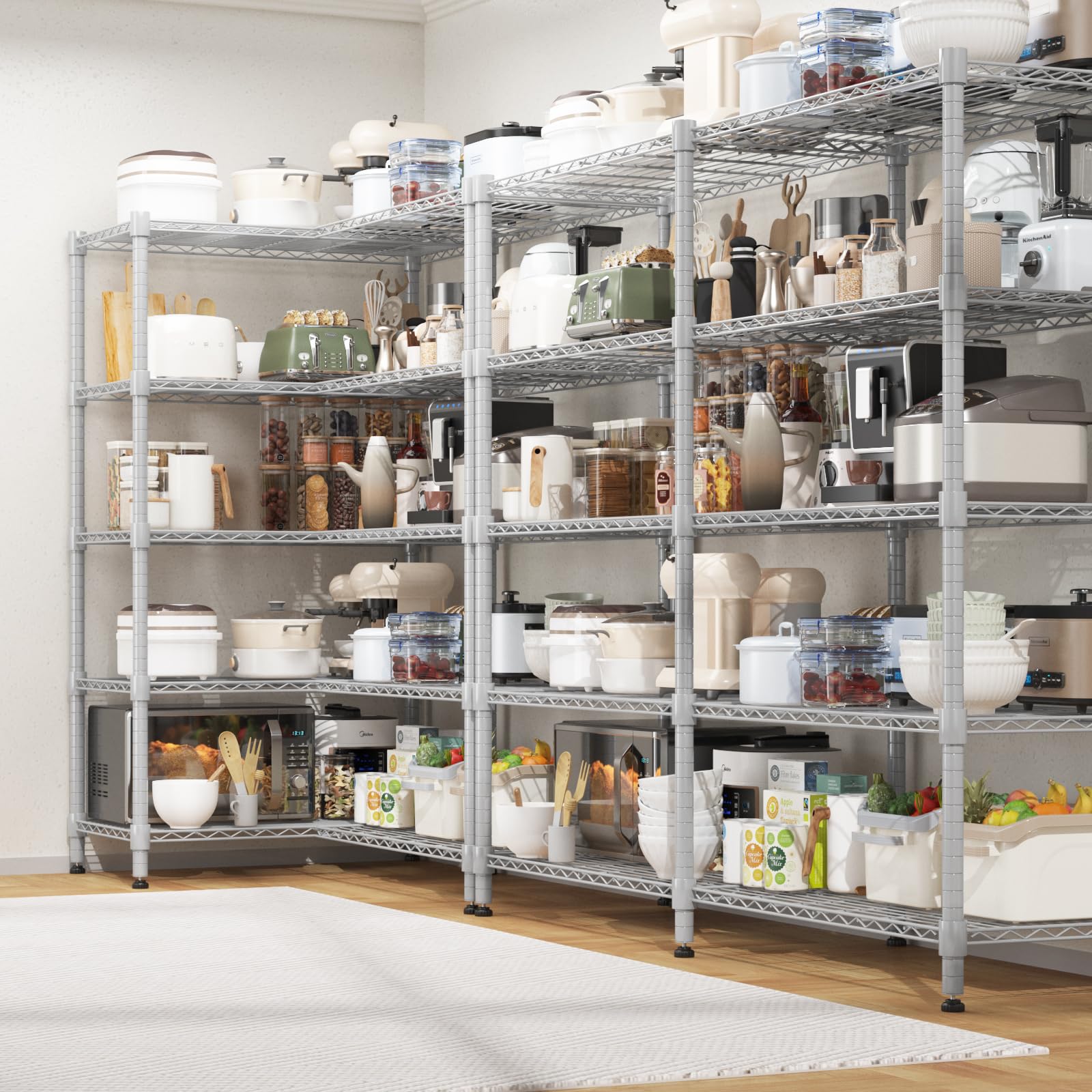 Himimi 5-stöckiges Metallregal zur Aufbewahrung, verstellbares Drahtregal, Schwerlastregal mit Nivellierfüßen, Lagerregal für Schlafzimmer, Wohnzimmer, Küche, Garage, 180 x 45 x 183 cm, Silber