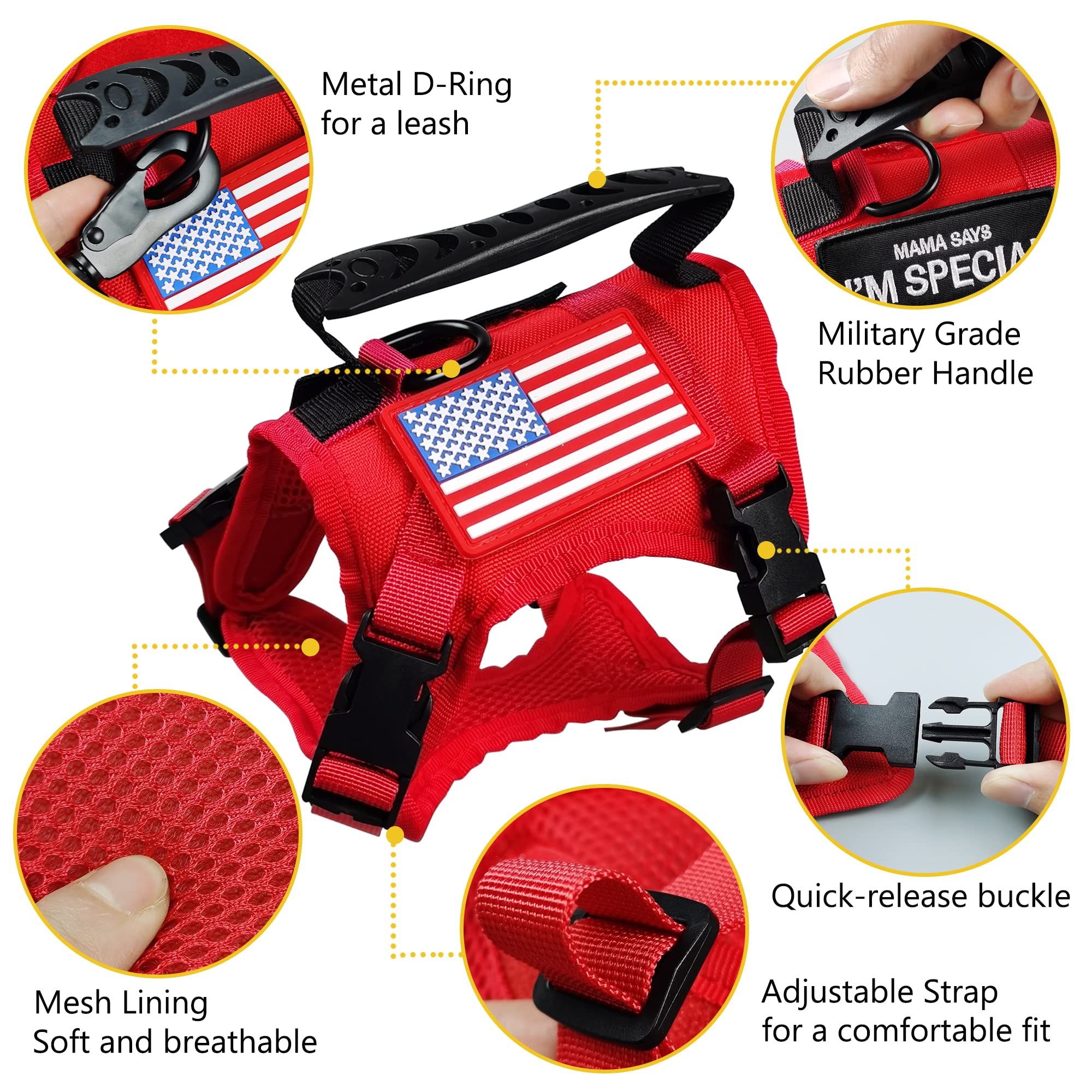 Harnais tactique pour chat et laisse pour la marche et l'évasion, harnais militaire réglable pour animal domestique K9 facile à contrôler pour grand chat, chiot et petit chien (rouge)