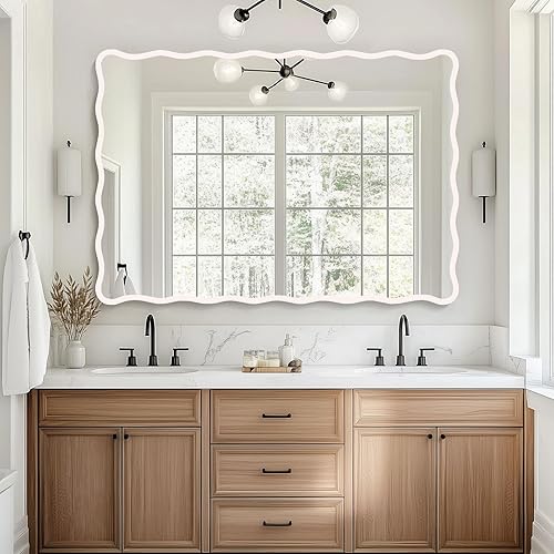 Miniatura 3 de Espejo de baño ondulado blanco de 24 x 36 pulgadas, espejo festoneado rectangular para decoración de pared, tocador de baño, dormitorio, sala de