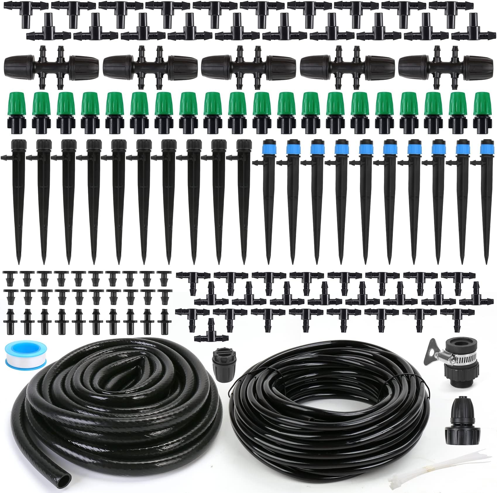 Flantor Drip Irrigation Kit, Irrigation System Garden Watering System with 26ft 1/2 inch and 200ft 1/4 inch Blank Distribution Tubing, Automatic Drip Irrigation with 6-Way Connector and Adjustable Nozzle for Garden,Patio,Lawn