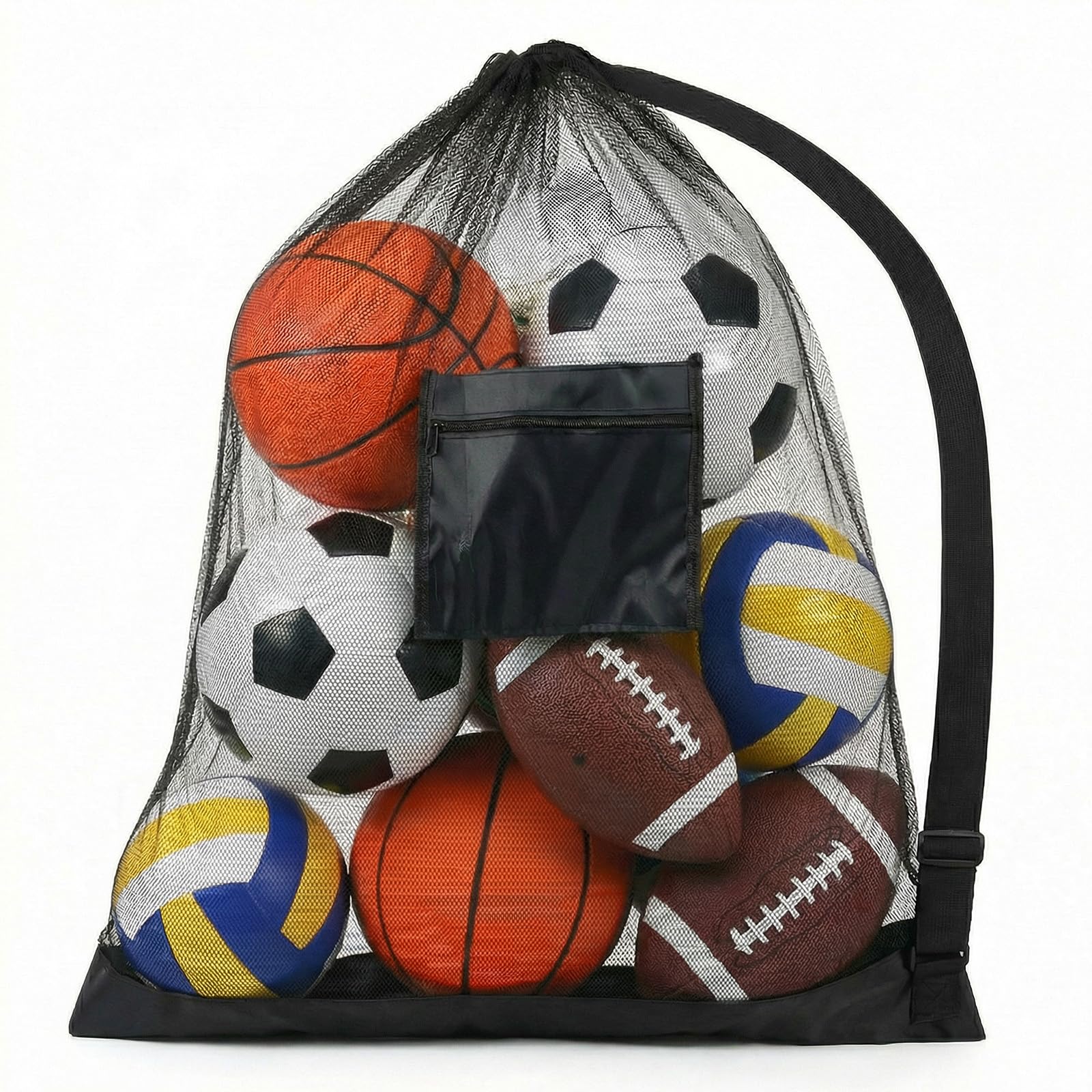 Bremorou Heavy Duty Sports Ball Bag, Mesh Gym Bag, Drawstring Sport Equipment Storage Bags, Extra Large Football Mesh 39.3" x 29.5" Storage Bags with Pocket, Adjustable Shoulder Strap for Gym, Beach