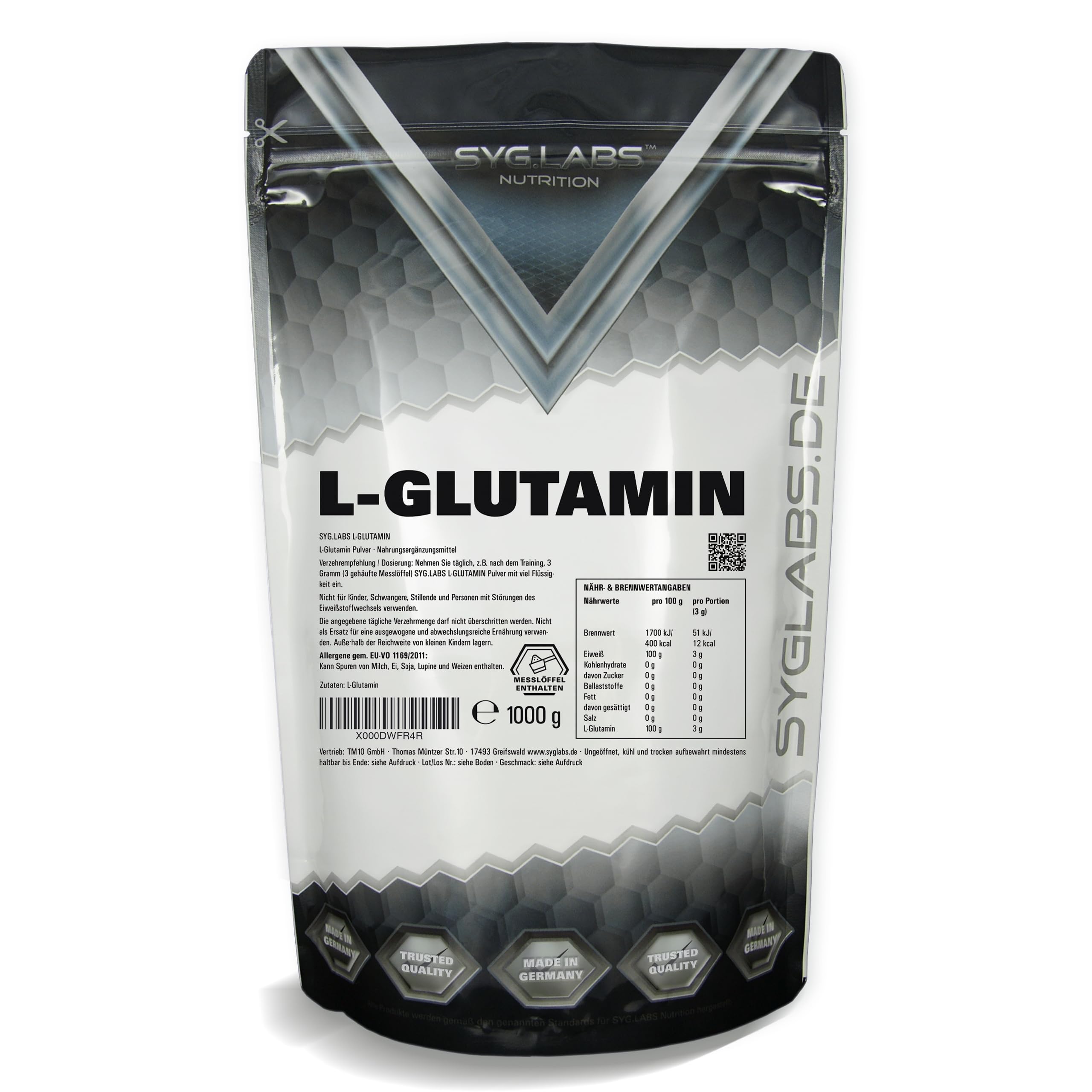 L-Glutamin Pulver 100% rein - 1000g Aminosäure Glutamine - 1kg - ohne Zusatzstoffe - vegan - mit Messlöffel - Glutamin - laborgeprüft