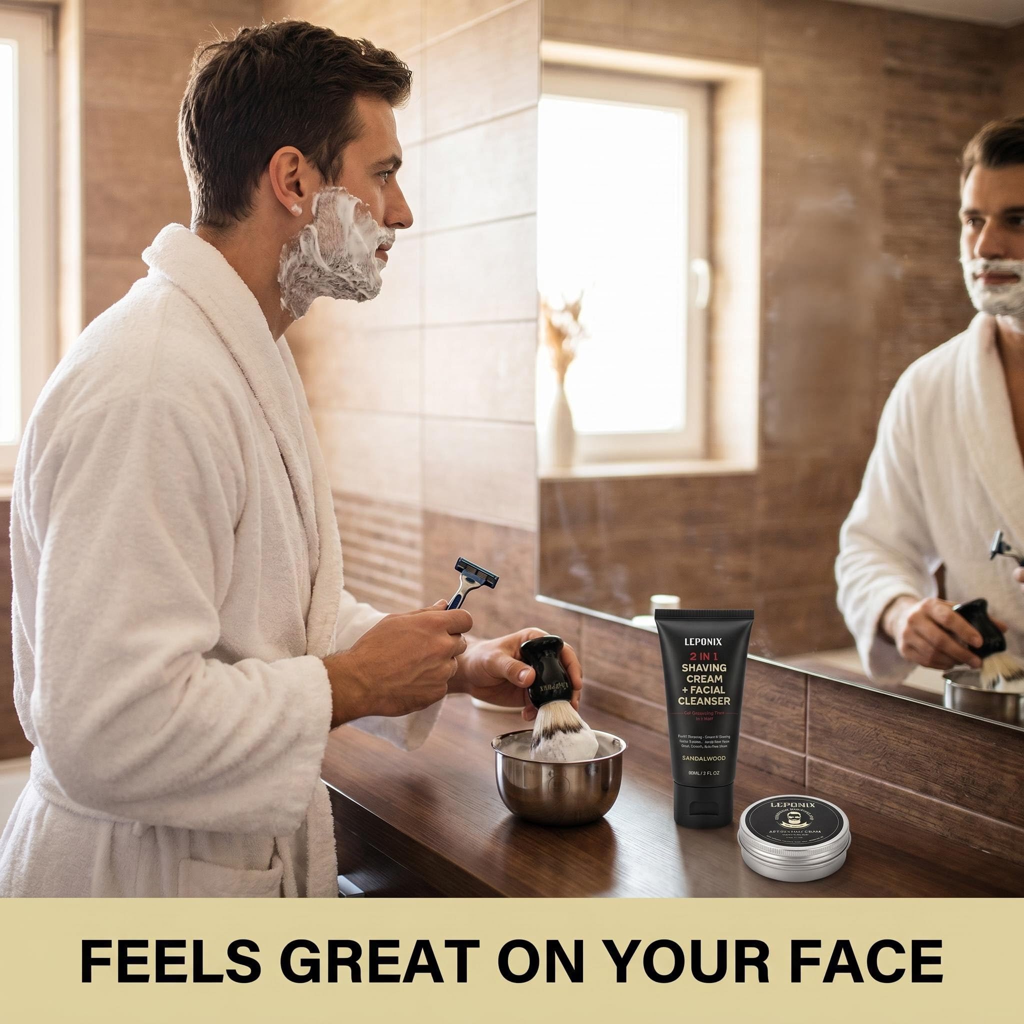 Coffret de rasage voyage conforme TSA | 2-en-1 nettoyant & crème de rasage, blaireau, bol, baume après-rasage | Cadeau pour homme