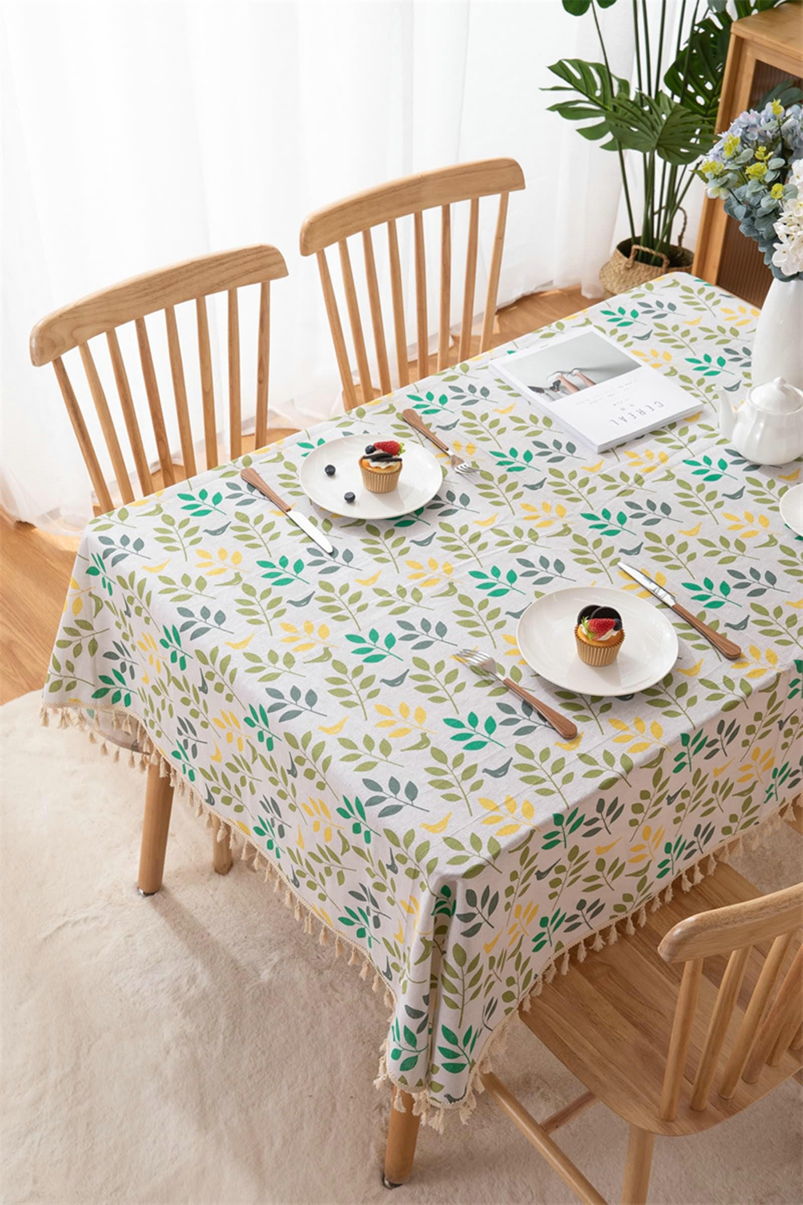 Gualiy Manteles Cuadrados Restaurante, Poliéster Algodón Manteles Mesa 140x260CM Mantel de Mesa Lavable Hojas Estampadas con Borlas Manteles para Mesa de Centro, Colorido