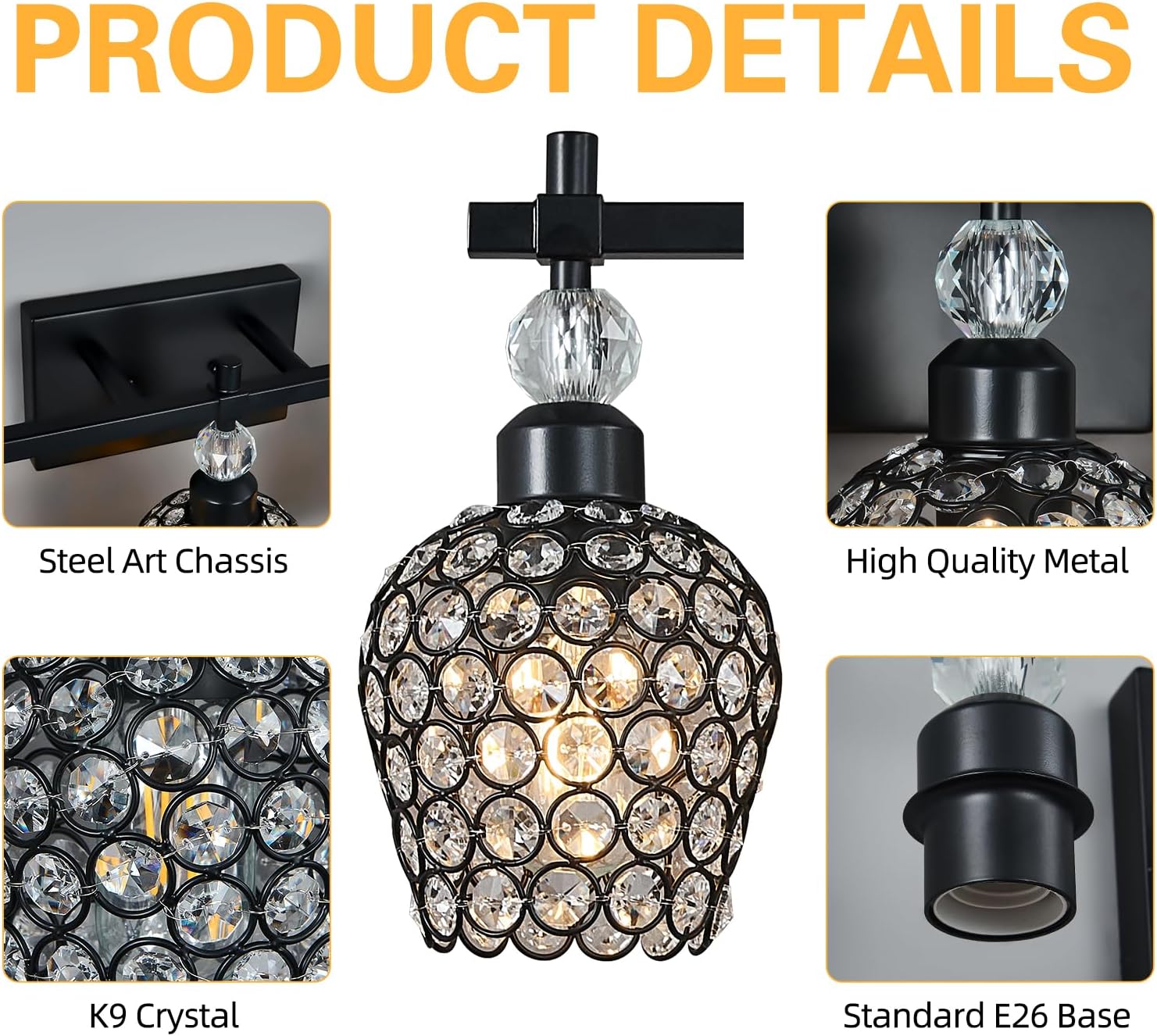Modern Crystal Bathroom Light Fixtures - Black 3 Light Vanity Lighting with Crystal Wall Lamps Over Mirror