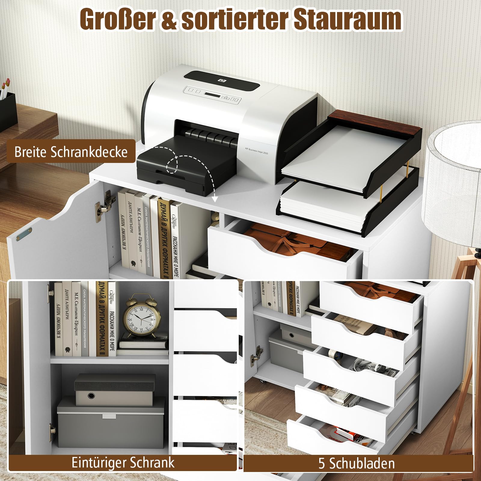 COSTWAY Rollcontainer mit 5 Schubladen & Tür, mobiler Aktenschrank mit Arbeitsplatte & Rollen, Büroschrank modern, Schreibtisch Unterschrank für Büro Wohnzimmer, 79 x 39 x 65cm (Weiß)
