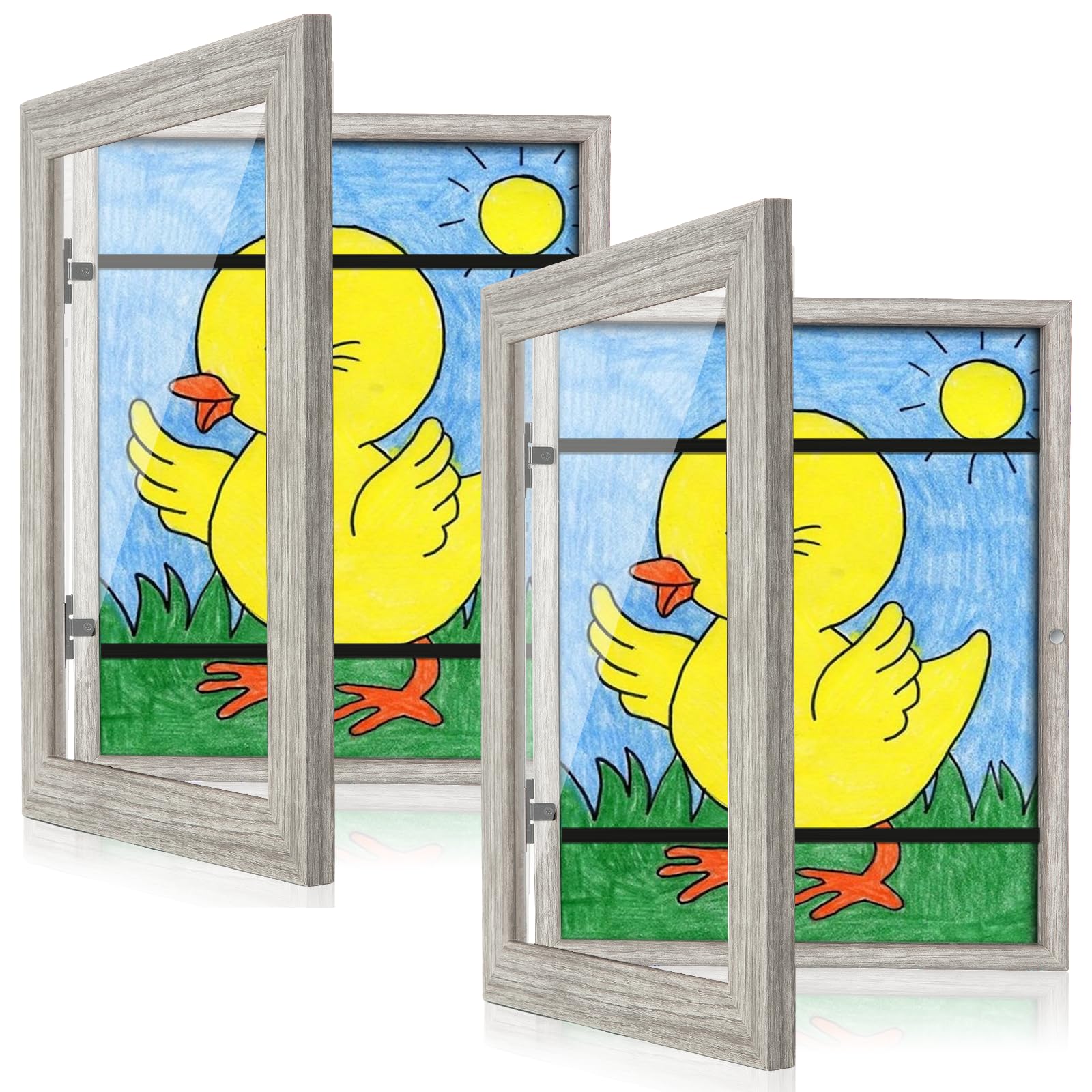 [2-Pack] Kids Art Frames, 8.5x11 Front Opening Kids Artwork Frames Changeable, Grey Wood Grain Artwork Display Storage Frame for Wall, Holds 50 Pcs, for 3D Picture, Crafts, Children Drawing, Hanging