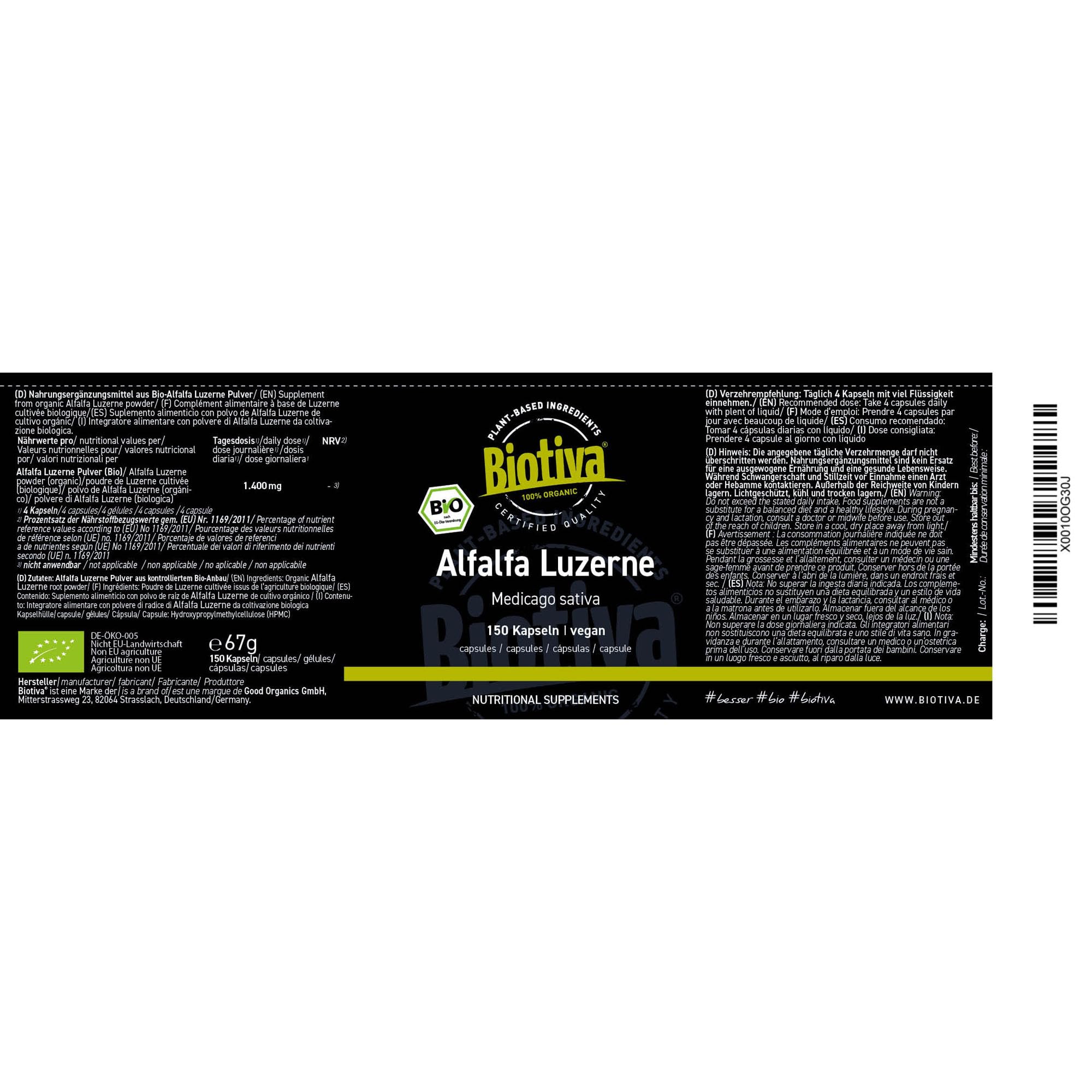 Lucerne alfalfa bio 150 Gélules - Medicago sativa - Végan - Grand trèfle - Foin de Bourgogne - Extrait naturel de plantes - Conditionné et contrôlé en Allemagne - Biotiva