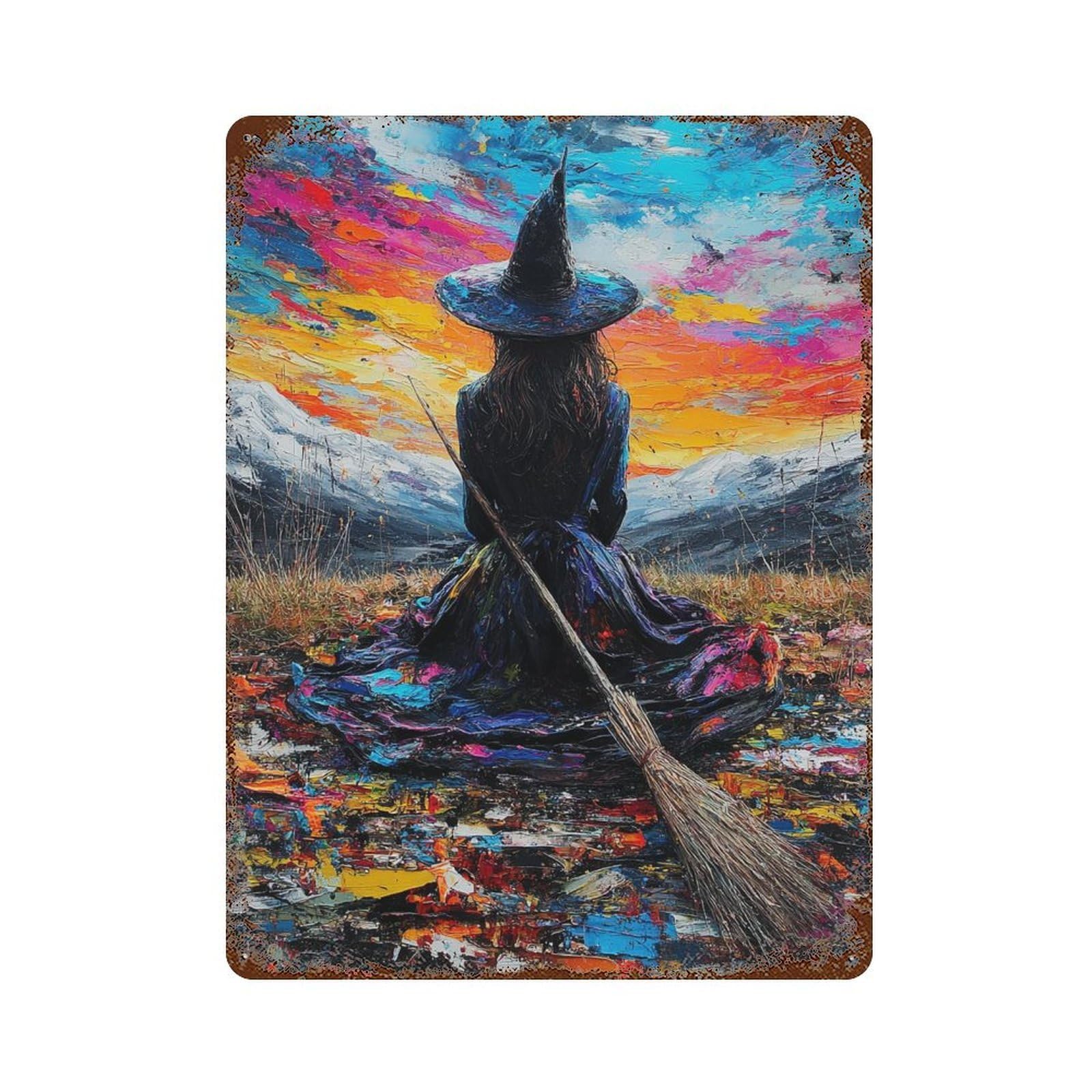Witch Hat Broomstick Painting Artwork Weathered Tin Sign 15.7"x11.8", Novelty Wall Decor for Garage, Pub Or Kitchen