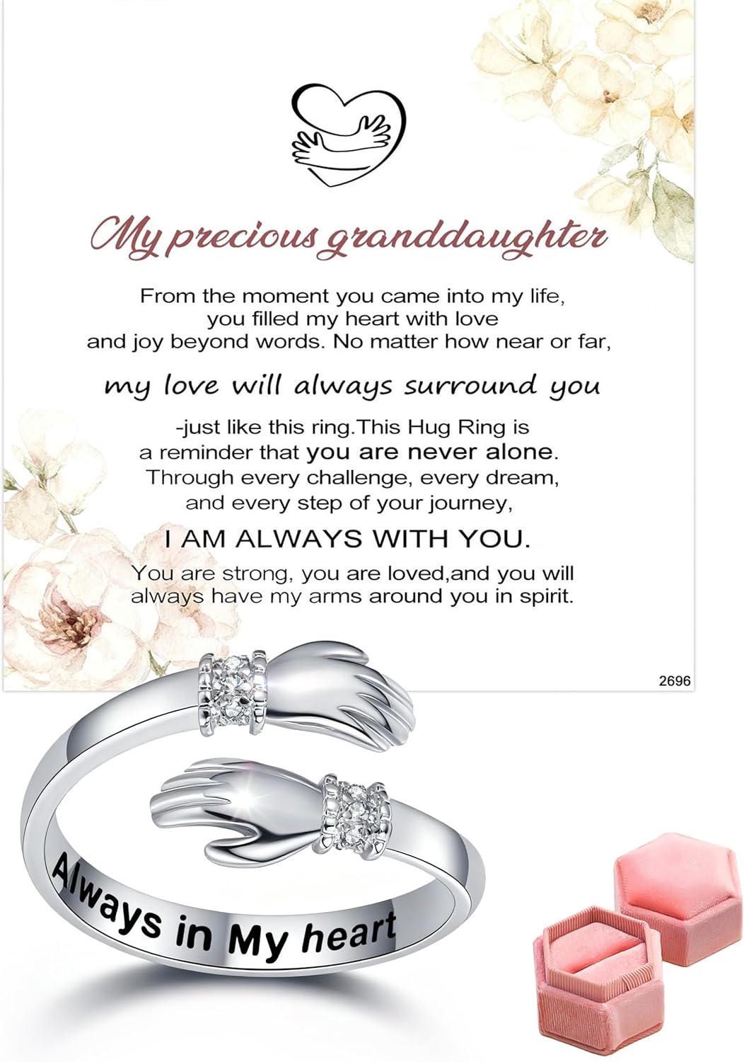 37JEWELRY Hug Ring for Granddaughter with Gift Box, Sterling Silver Rings in Adjustable size with Always in My Heart Message, Granddaughters Christmas Birthday Gifts from Grandma Grandpa