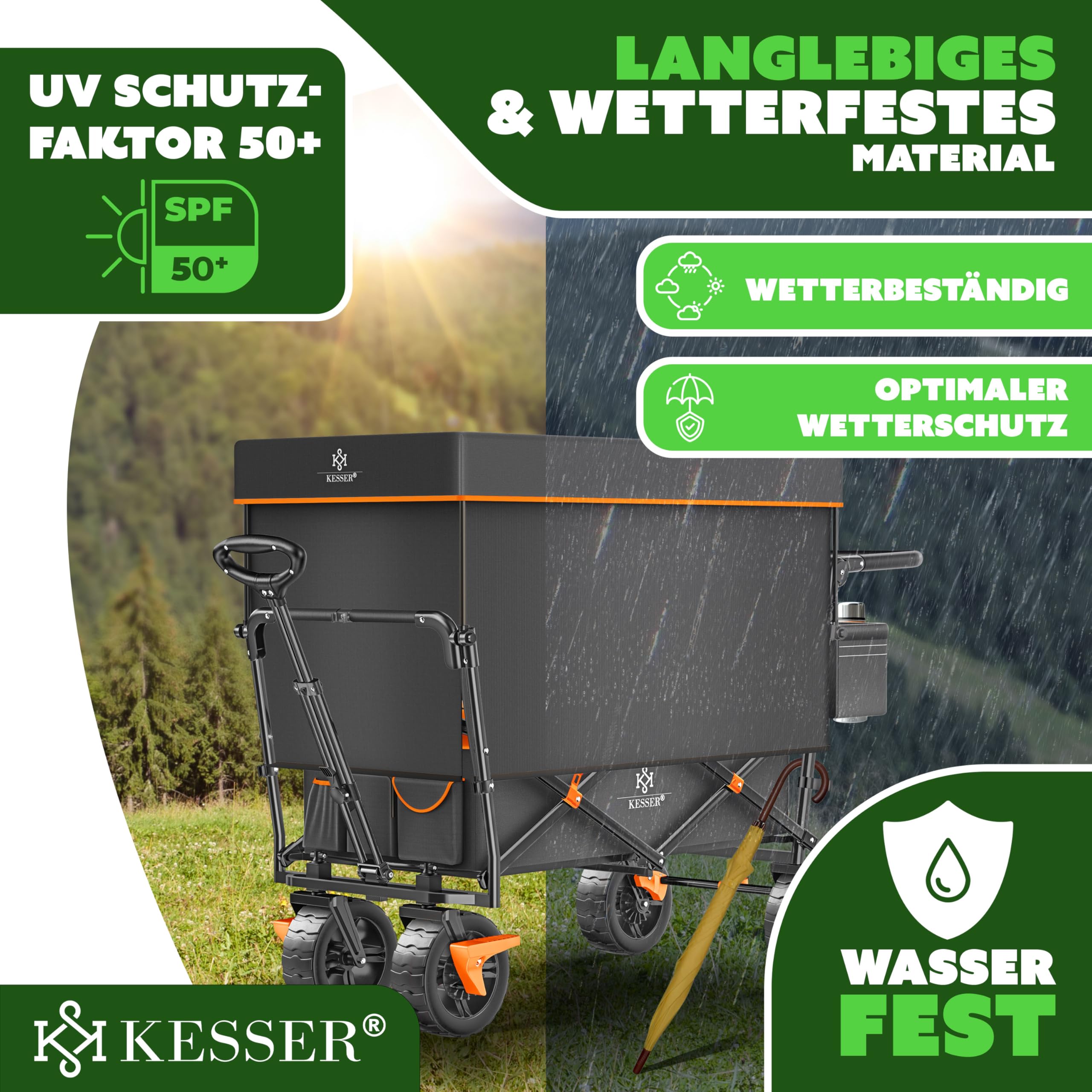 KESSER GT9000 Chariot de transport pliable avec toit - Charge maximale : 150 kg - Avec roues en caoutchouc dur et freins de stationnement (avant et arrière) - Avec serrure, couverture, intempéries et