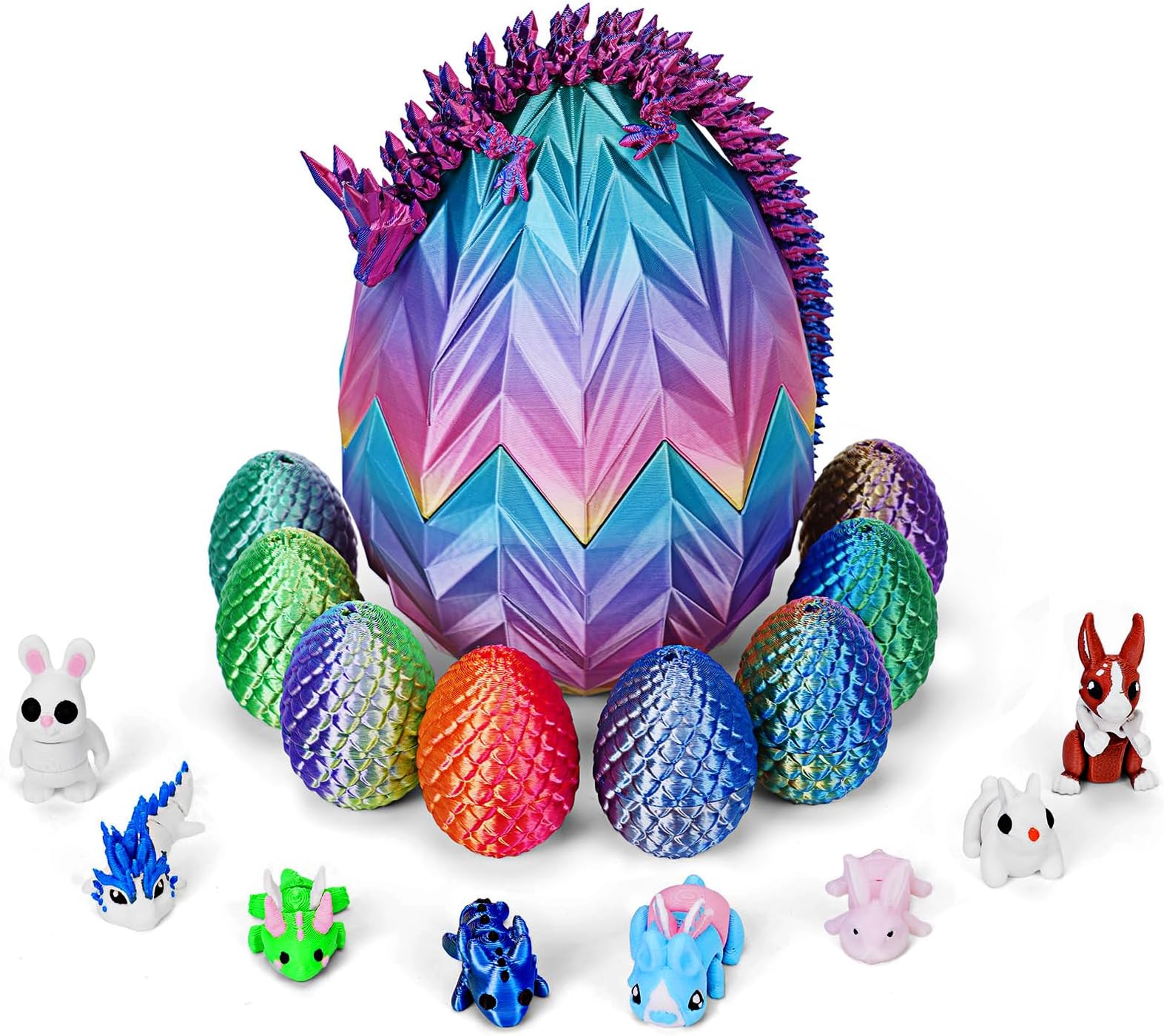 3D Printed Dragon Easter Egg Set with Mini 3D Printed Animals,3D Printed Easter Eggs Filled,Flexible Articulated Fidget Toys for Kids 4-6 5-7 8-12, Desk Toys Easter Gifts for Kids (18)