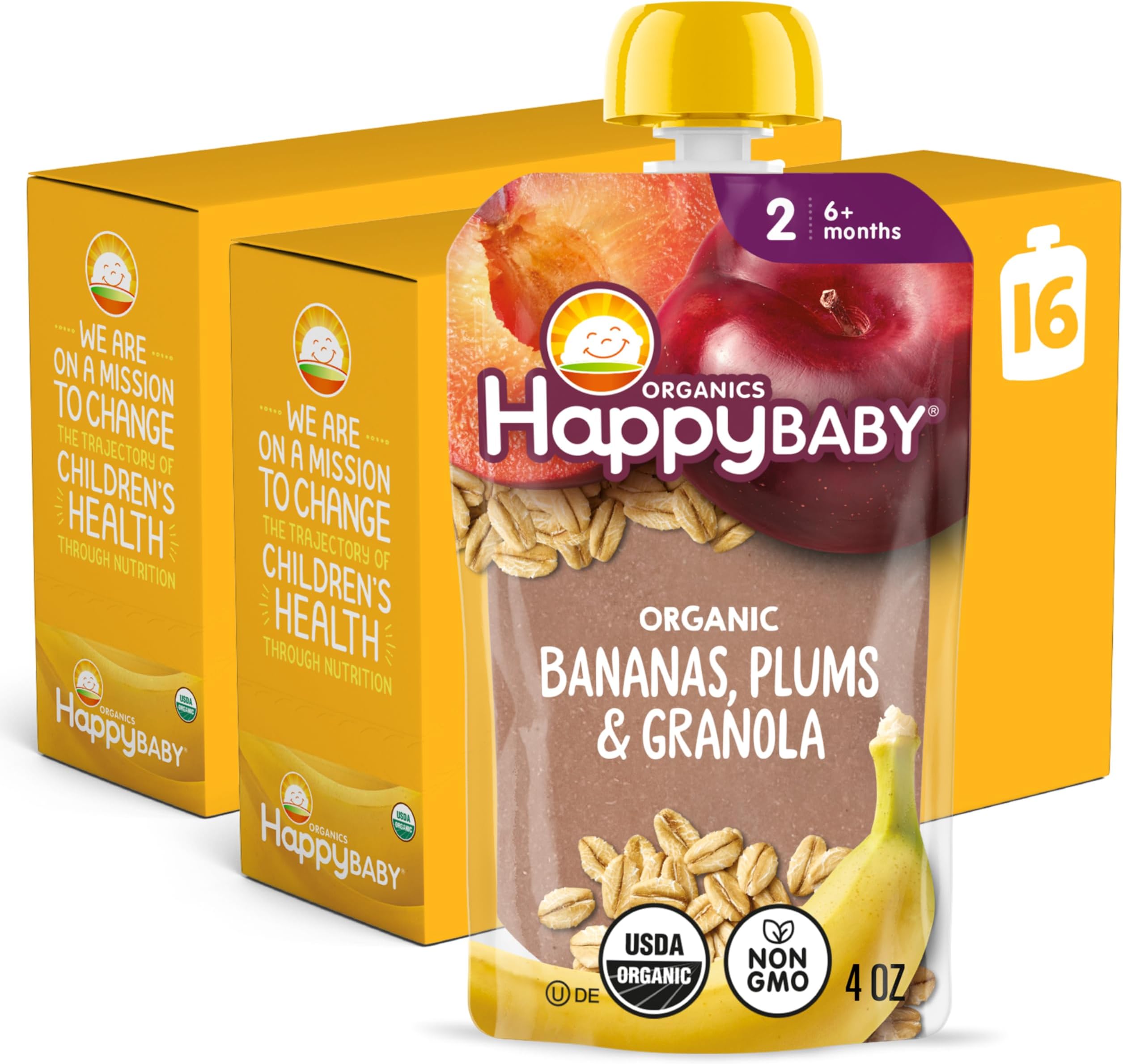 Organics Stage 2 Baby Food Pouches, Gluten Free, Vegan & Healthy Snack, Clearly Crafted Fruit & Veggie Puree, Apples, Bananas, Plums & Granola, 4 Ounces (Pack of 16)