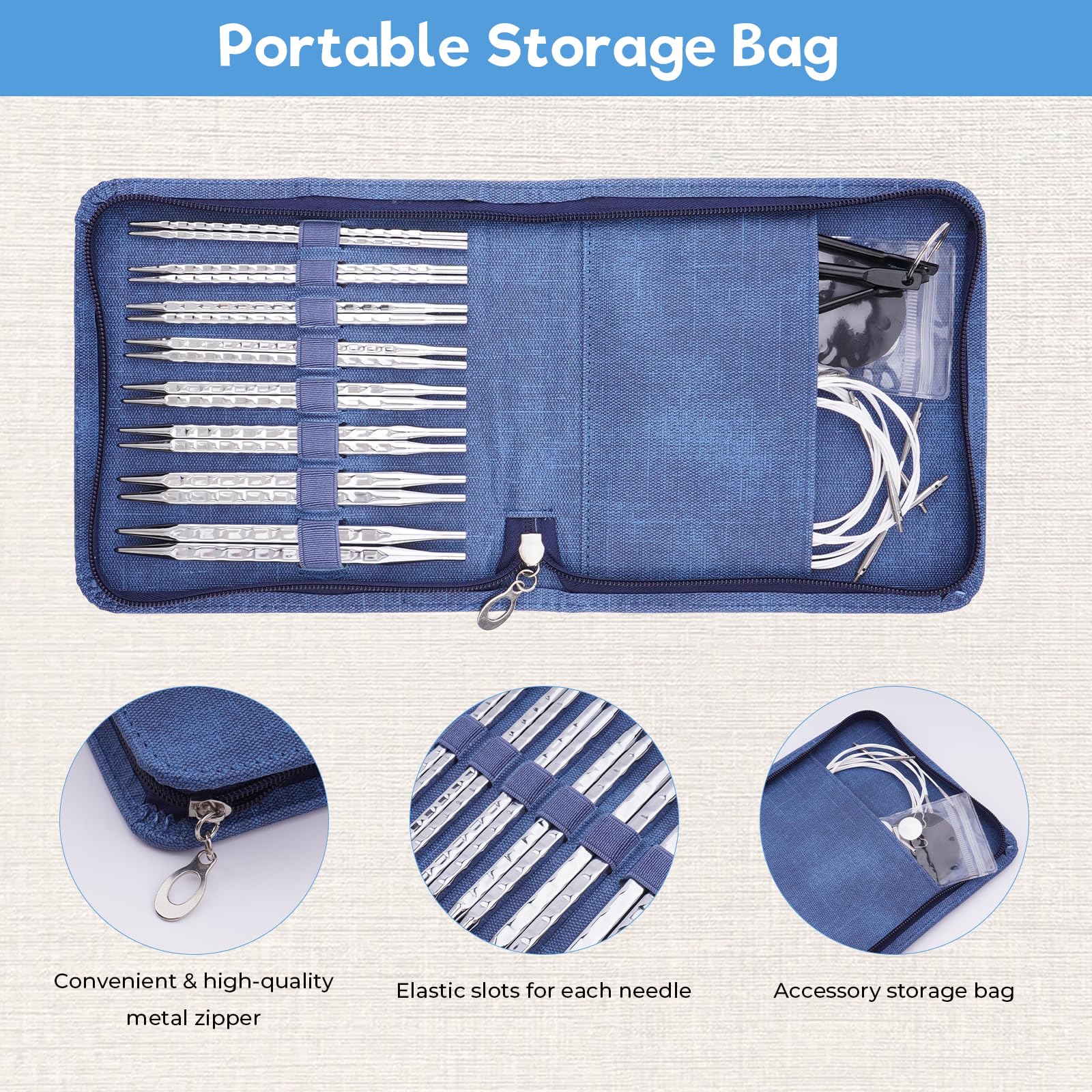 BsHooker Austauschbares quadratisches Stricknadel-Set mit Etui, 3,5 mm - 8 mm | 8 Paar runde Aluminium-Stricknadeln, 4 Kabel, ergonomisches Nadel-Set
