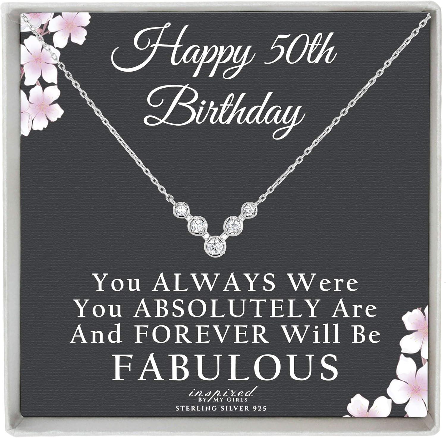 50th Birthday Gifts For Women Sterling Silver 5 Stones For 5 Decades Necklace with Fabulous Keepsake Card