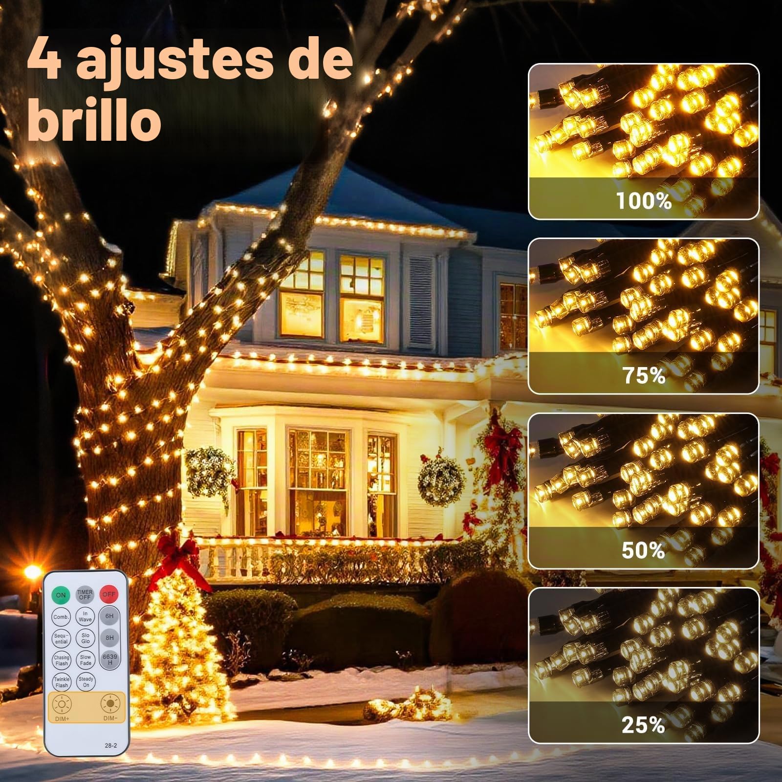 Marchpower Luces Navidad Exterior, Guirnalda Luces Exterior 20M 200LED | Blanco Cálido, Impermeable,Cadena Luces 8 Modos,Función de Memoria Control Remoto para Decoración Fiesta Casa Patio Jardín