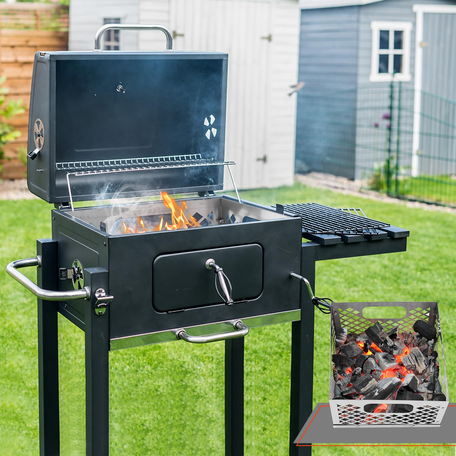 Cesta de carbón de 12 x 12 x 7.5 pulgadas para ahumador offset, cesta de fuego de acero inoxidable, caja de fuego para ahumador, barbacoa, accesorios para parrilla 6