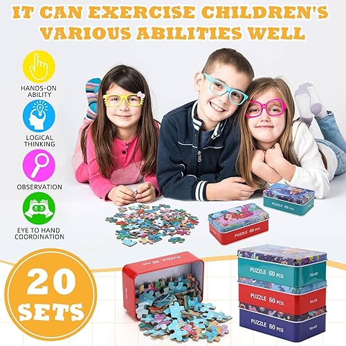 Miniatura 4 de Silipull 20 juegos de rompecabezas en una caja de metal para niños y niñas de 6 a 8 años, rompecabezas de madera de 60 piezas para cumpleaños de