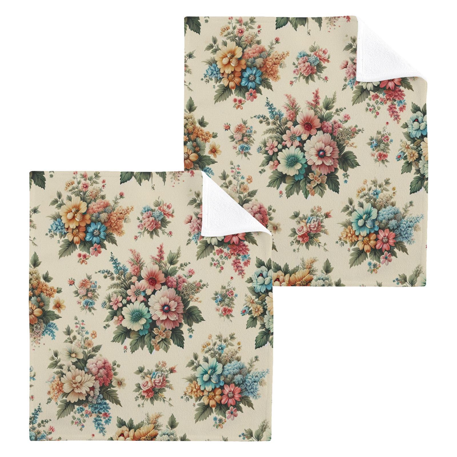 YANENDIE Vintage Floral Washcloths Towels, Highly Absorbent and Soft Cotton Face Cloths, 2 Pack Quick Dry Wash Cloths - 12 X 12 Inches