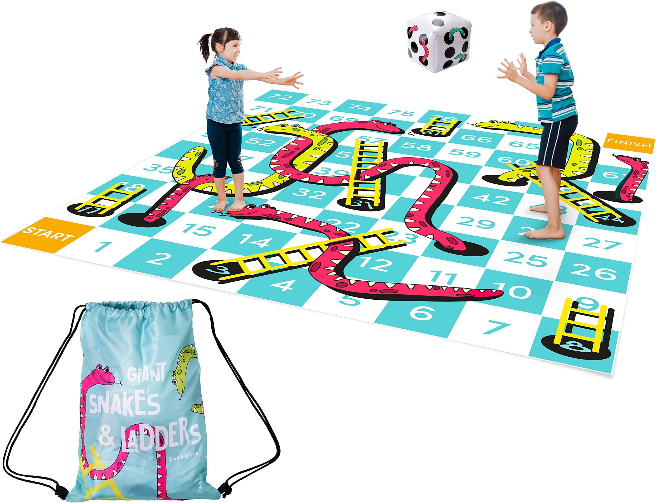 THE TWIDDLERS Giant Snakes and Ladders Garden Game, 3x3m - Waterproof PVC Floor Mat with Inflatable Dice and Storage Bag for Family Parties, Schools and Outdoor Play