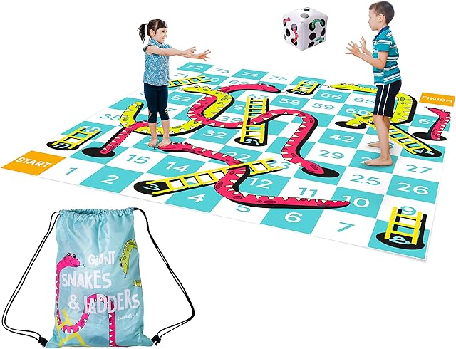 THE TWIDDLERS - Giant Snakes and Ladders Outdoor Garden Floor Play Mat Board Game for Kids and Adults with Inflatable Dice and Storage Bag- 300cm x 300cm (3 Metre)