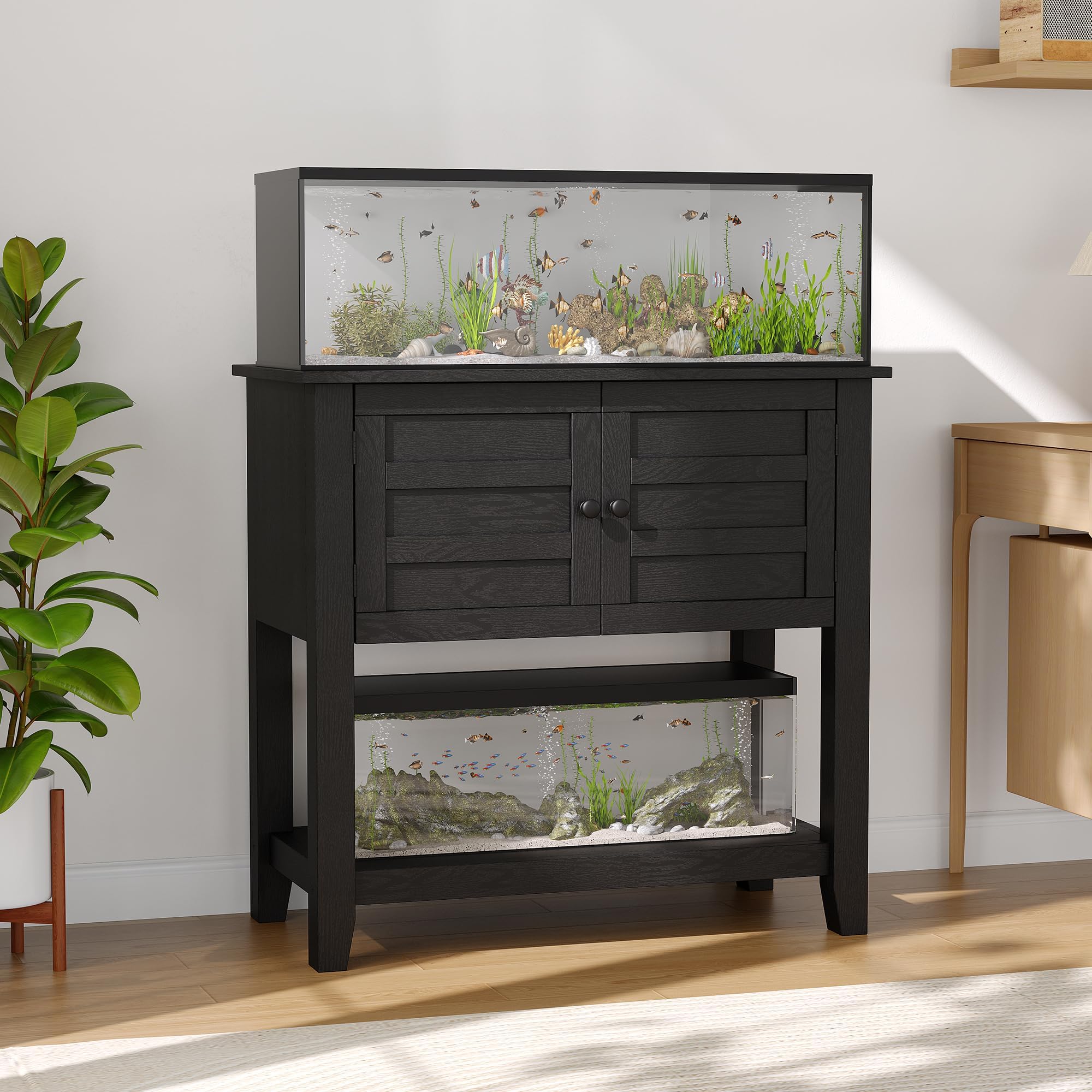 Meuble Aquarium Noir et Bois Support 75L-110L Autoportant Capacité 300kg