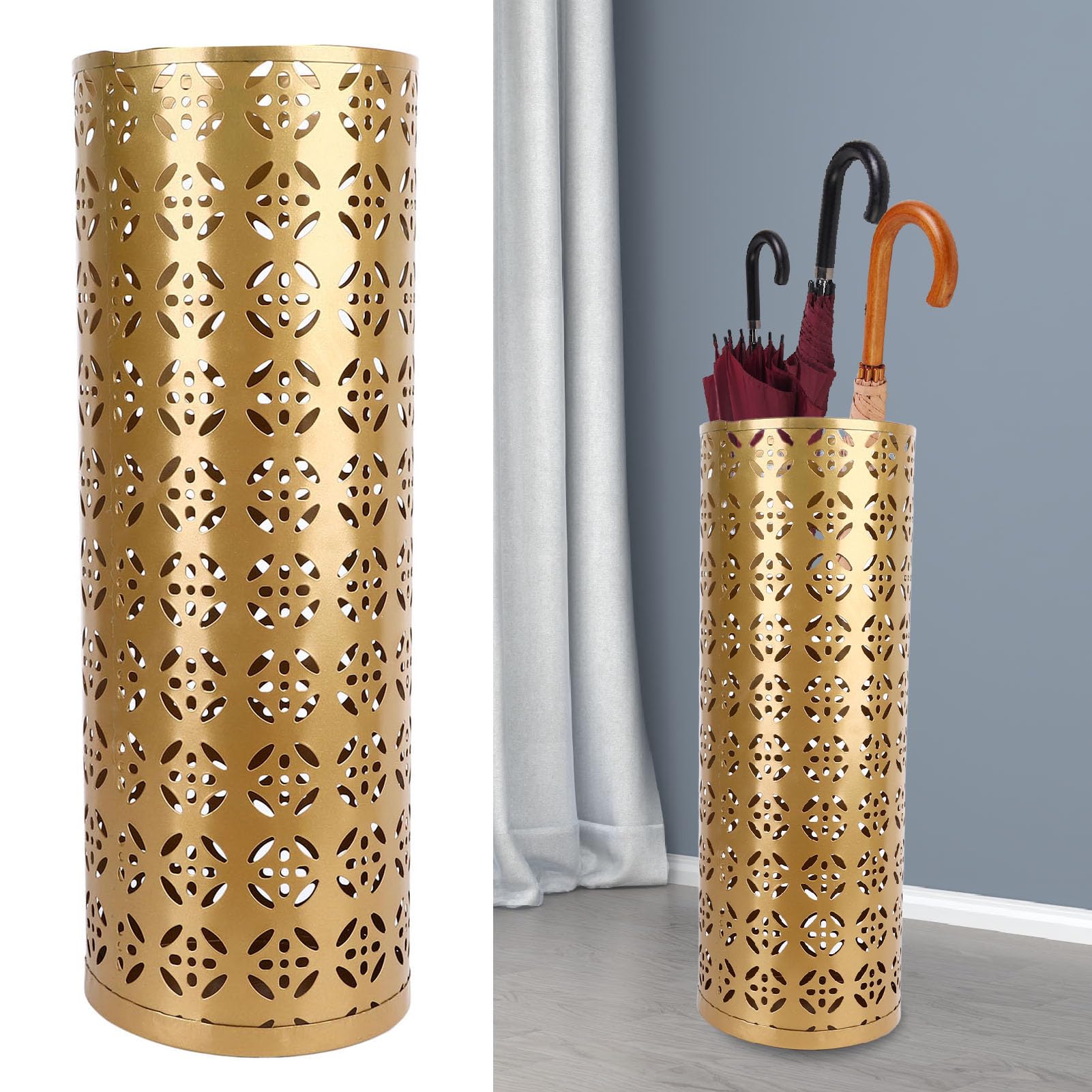 Umbrella Stand, Metal Umbrella Holder, Indoor Umbrella Rack Organizer with Hollow Design, Umbrella Storage for Entryway, Office, Home (Gold)