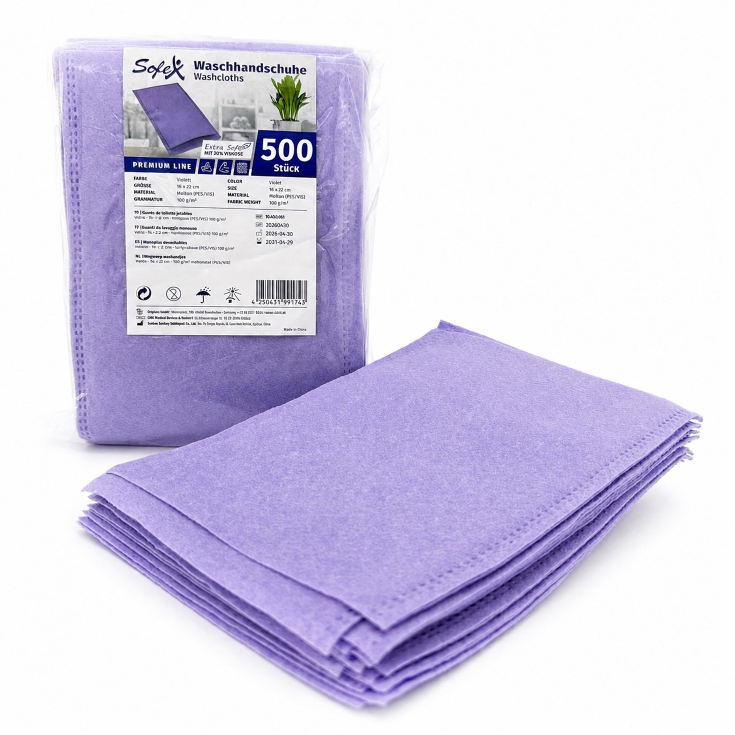 Einmalwaschlappen Violett, Extra Soft, 500 Stück (10х50), 16x22 cm, 100 g/m²