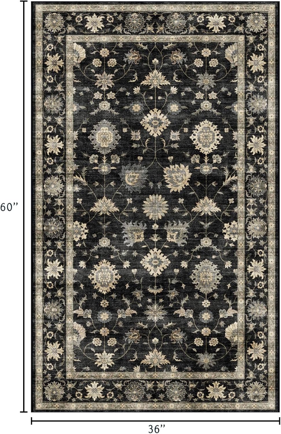 LUXRUG 3x5 Washable Area Rug - Small Entryway Rug Non-Slip Charcoal Black Vintage Traditional Floral Kitchen Rugs Low Pile Boho Entry Carpet Throw Rugs for Living Room Bedroom Bathroom Entrance Office