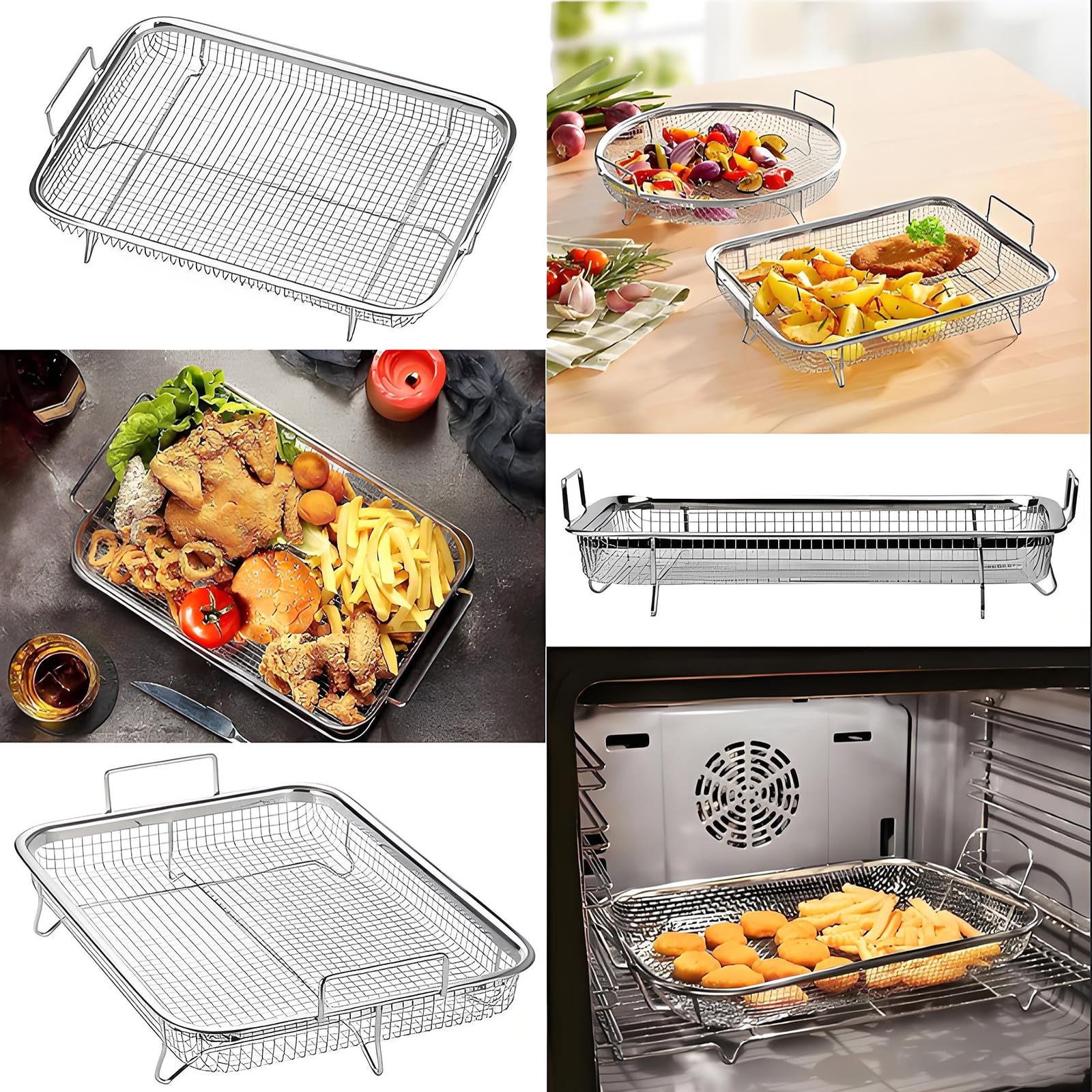 Backofen Gitter, Edelstahl Grillkorb mit Griff, Metall Ofen Grill, Multifunktion Grillgitter BBQ, Pommes Gitter für fettarmes Heißluft-Garen, Backen,Grillen im Ofen oder Grill