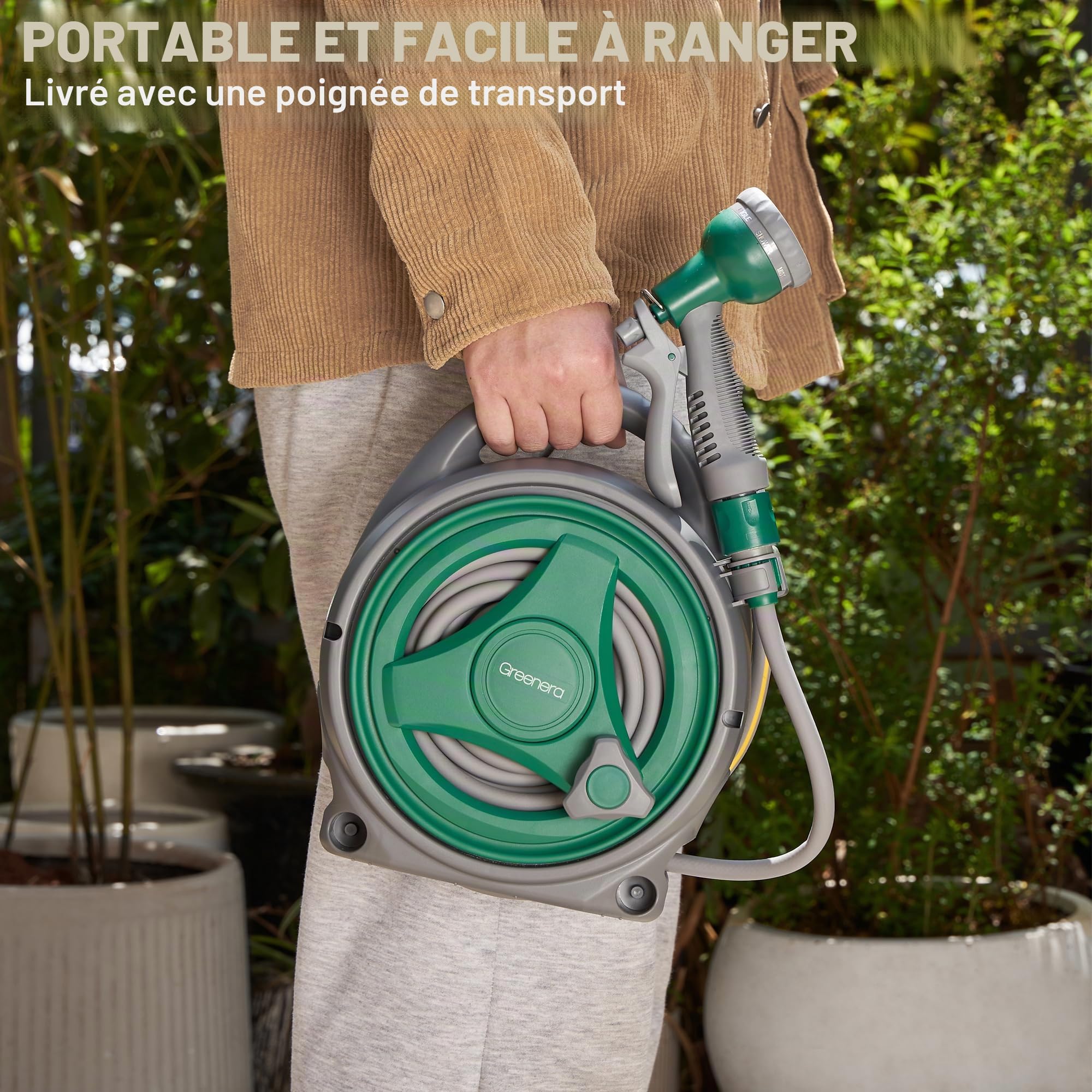 Enrouleur de tuyau d'arrosage de 14 m, compact et portable avec 8 buses de pistolet pulvérisateur réglables, enrouleur de tuyau d'arrosage manuel rétractable, ensemble de tuyau flexible d'extérieur
