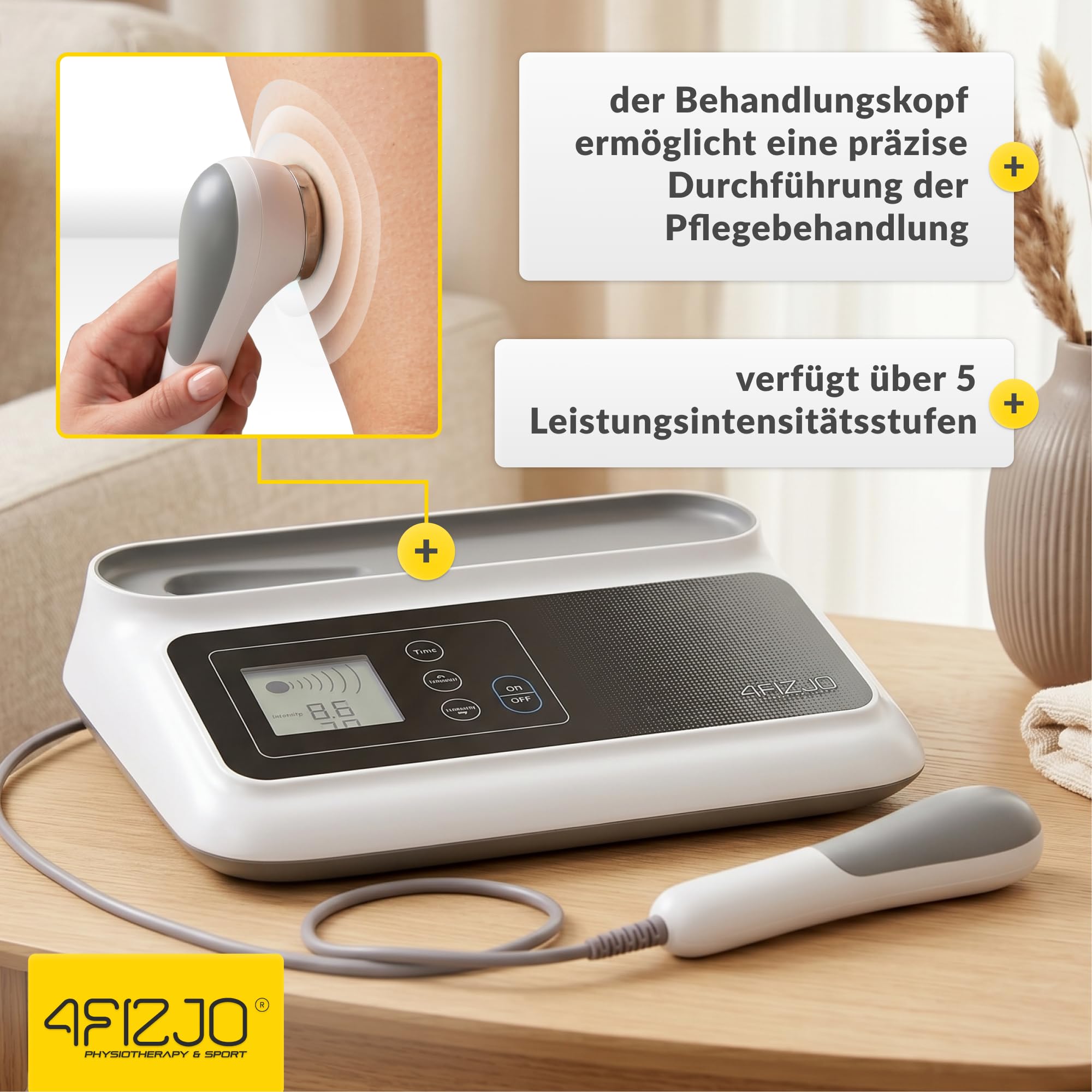 4FIZJO Tragbares Ultraschallgerät, Ultraschall Handgerät Schallwellengerät | für Zuhause, Physiotherapie, Wärmende Mikromassage, Körper, Gesicht und Hautpflege