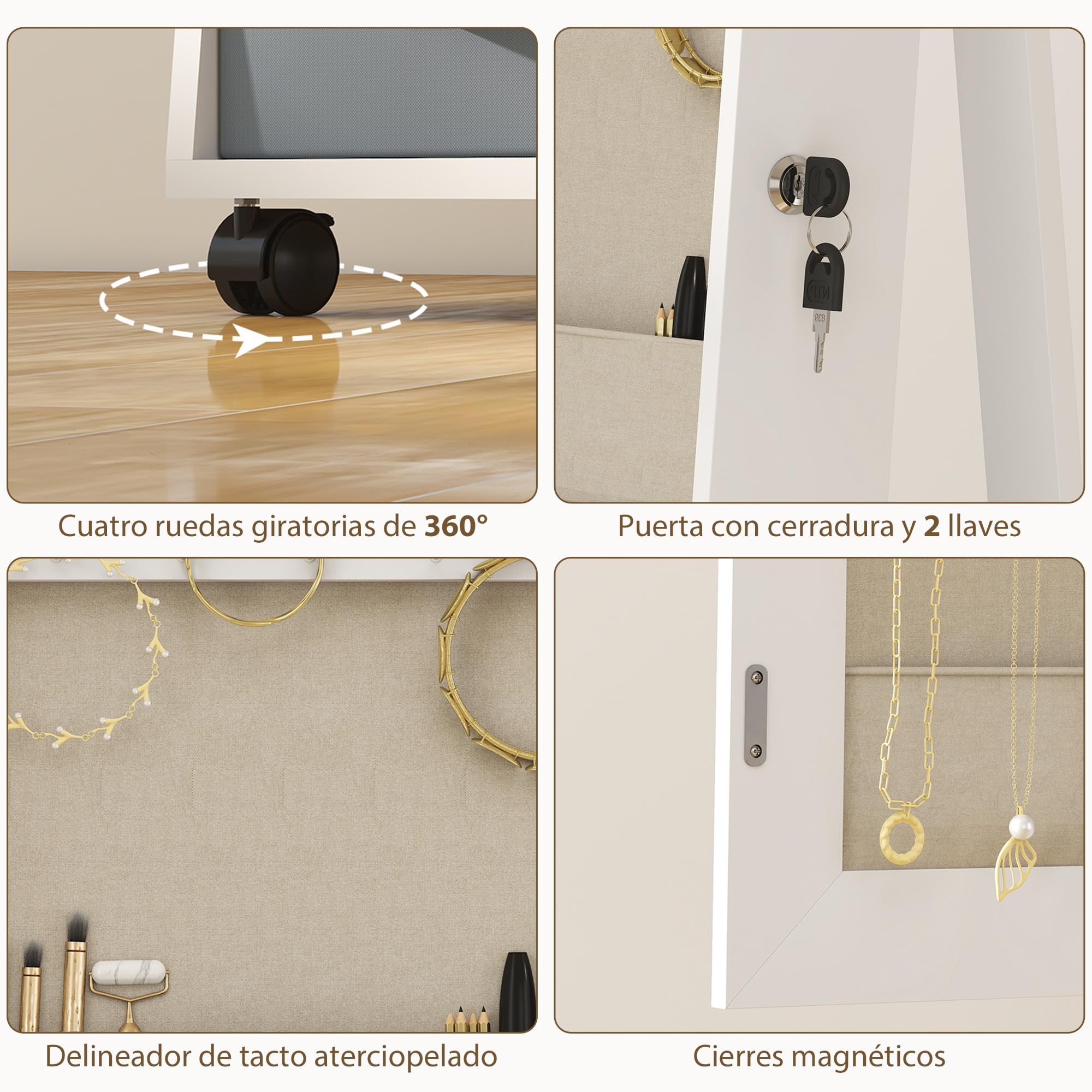 HOMCOM Espejo Joyero con Luces LED Interior, Armario para Joyas con Ruedas, Armario Joyero con Espejo Entero, Giratorio de 360°, Estantes Abiertos, Cajones de Tela, Blanco y Forro Crema