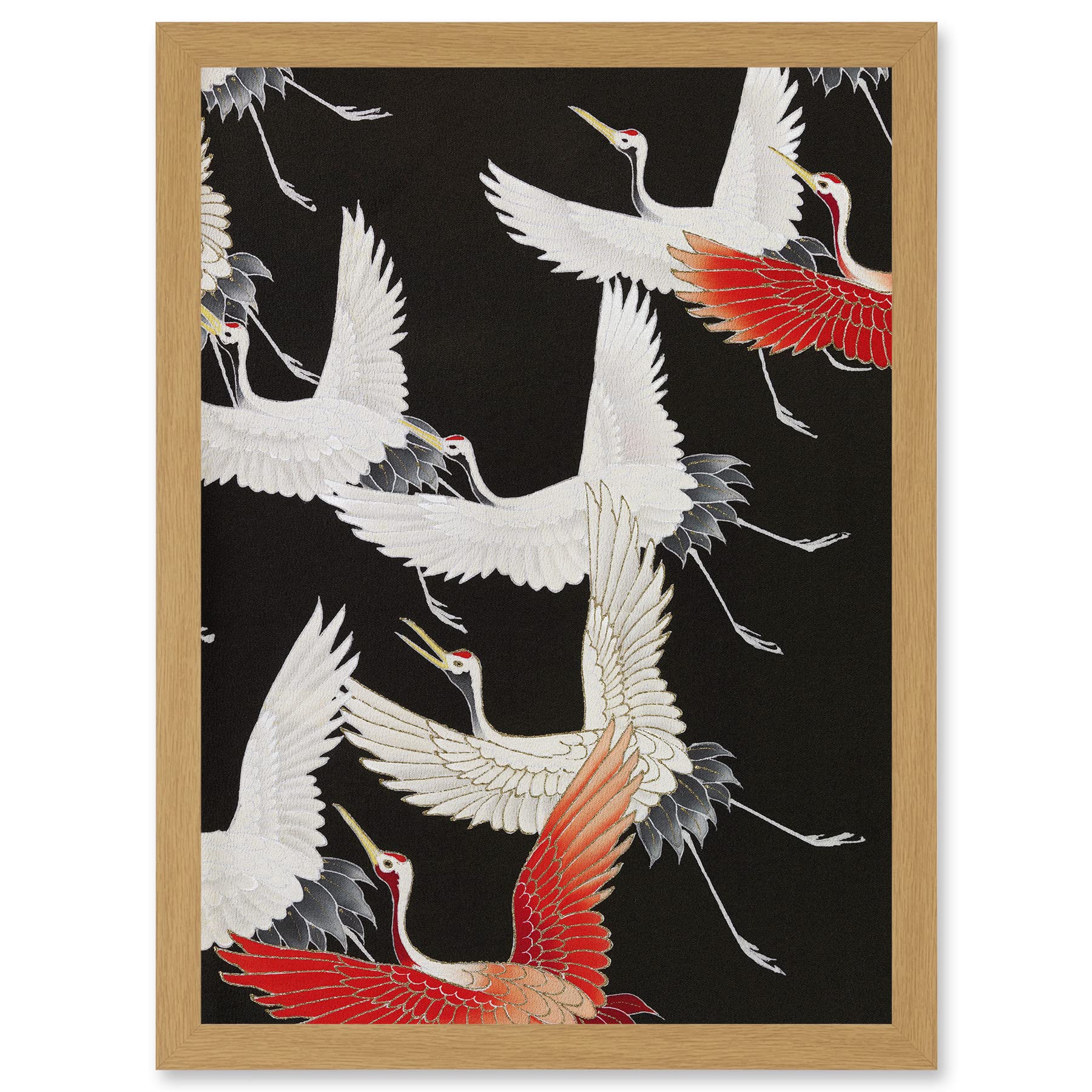 Wee Blue Coo Japanese Crane Kimono Pattern Artwork Framed Wall Art Print A4