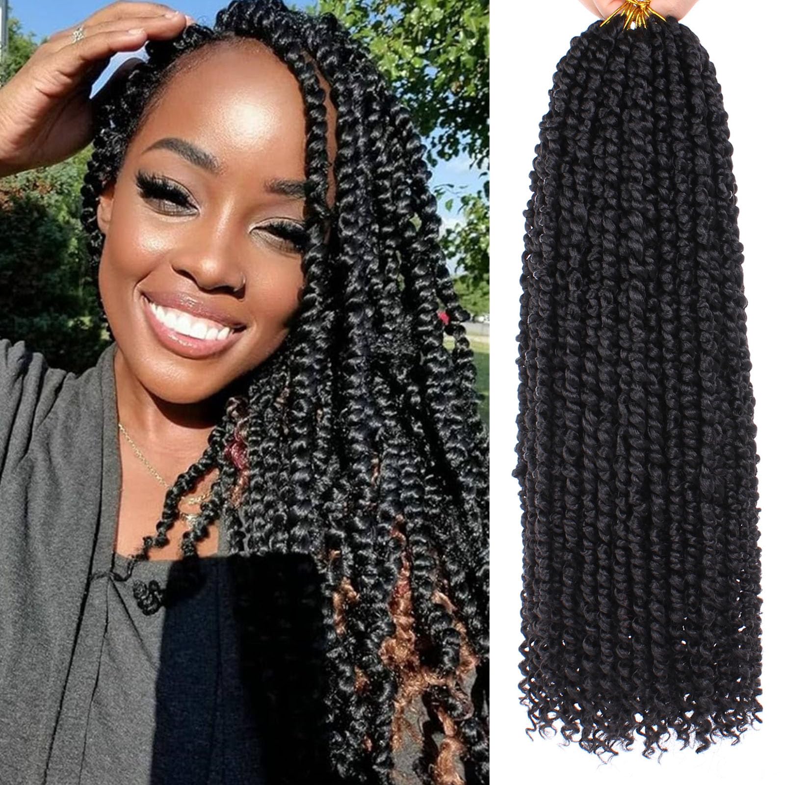 Samtress 18 Inch Passion Twist Crochet Hair 8 Packs Natural Black Pre Twisted Water Wave Crochet Braids Pre Looped Bohemian Curly Synthetic Braiding Hair for Women (#1B)