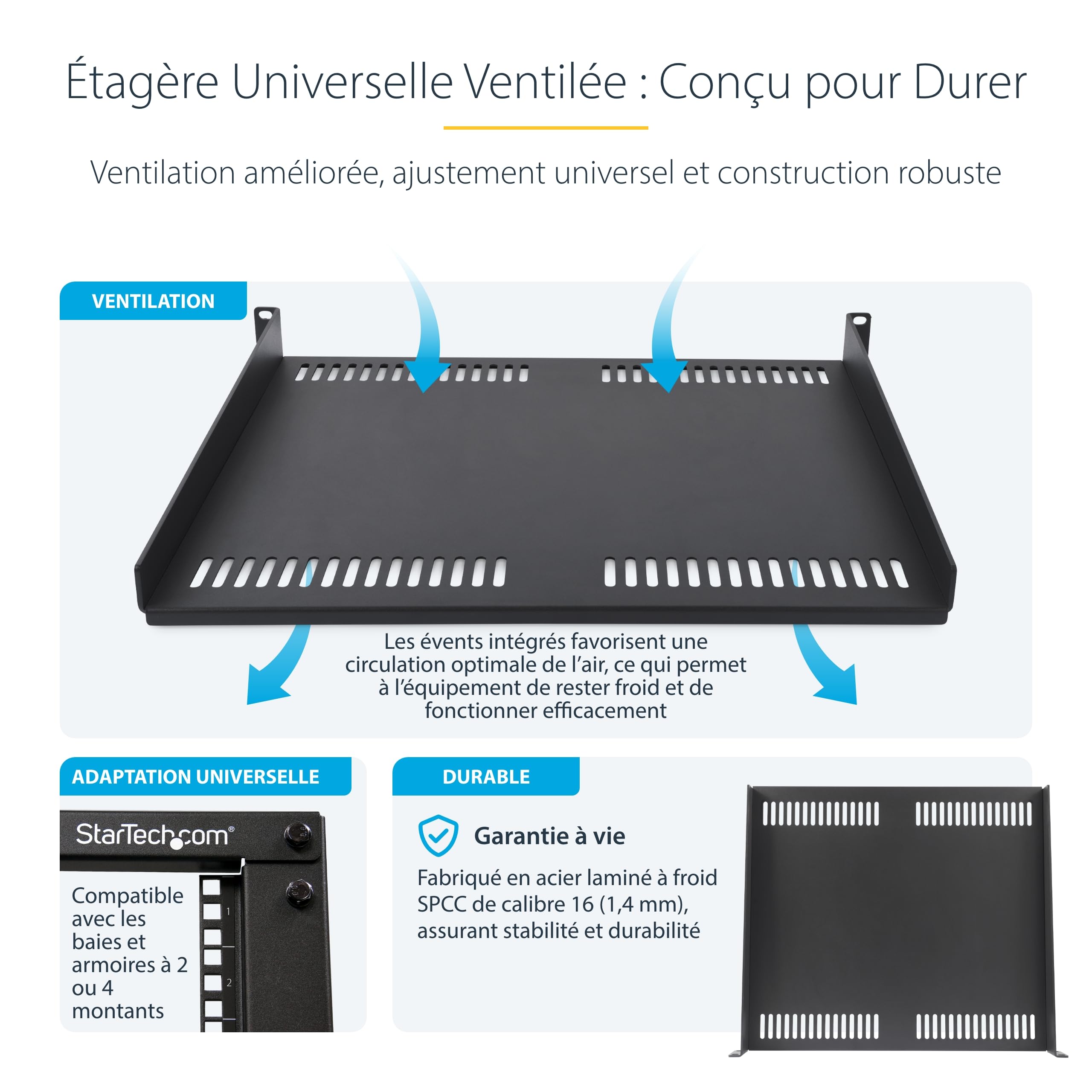 StarTech.COM Étagère 1U Ventilée pour Rack de Serveur, Profondeur de Montage de 40cm, Acier, Max 14kg, Écrous et Vis