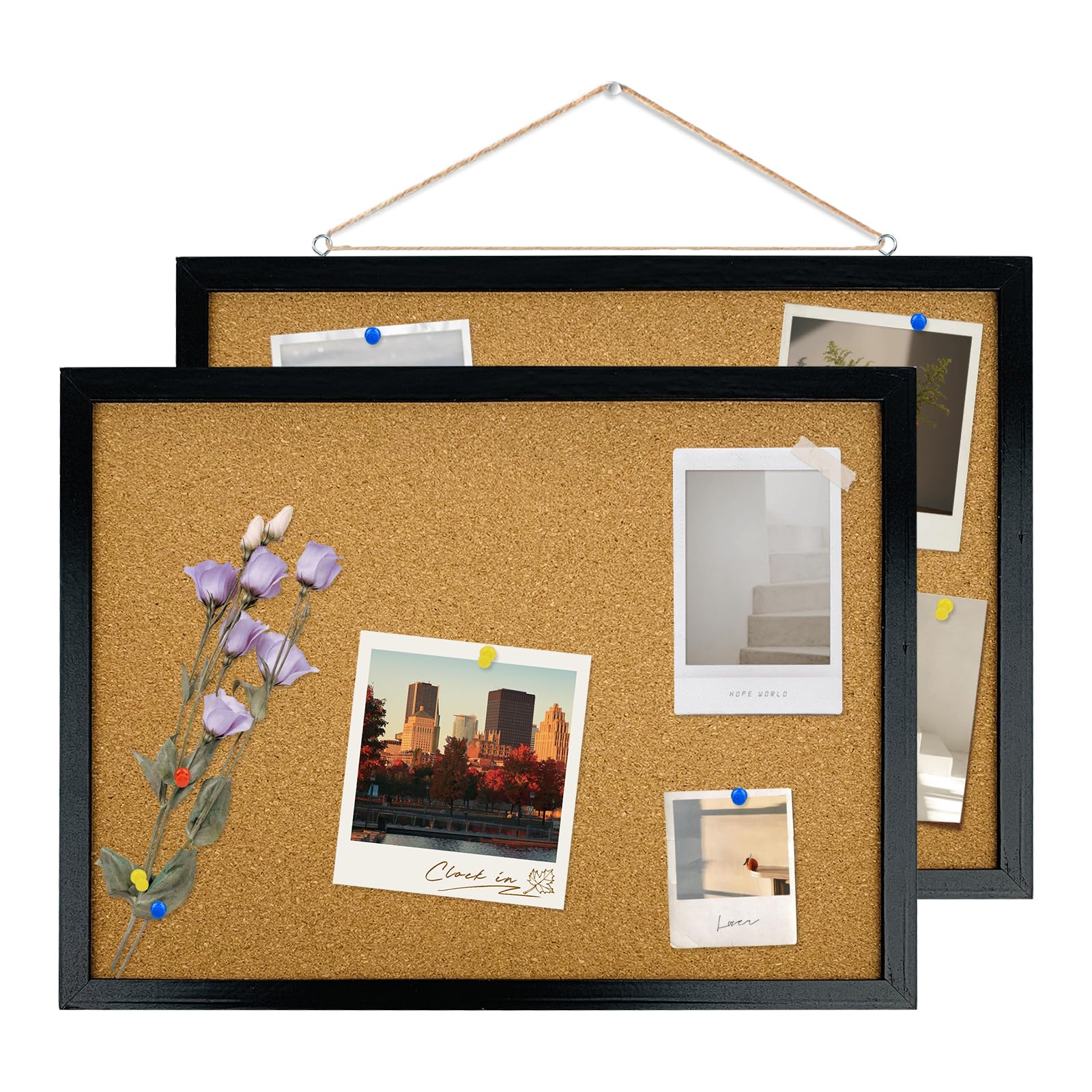GDMINLO 2 Pack Black Cork Bulletin Board, 17.7 X 13.3 inches with Oak Wood Finish Frame, for Wall Office Home and School (Pins, Eye Bolts, gaskets,