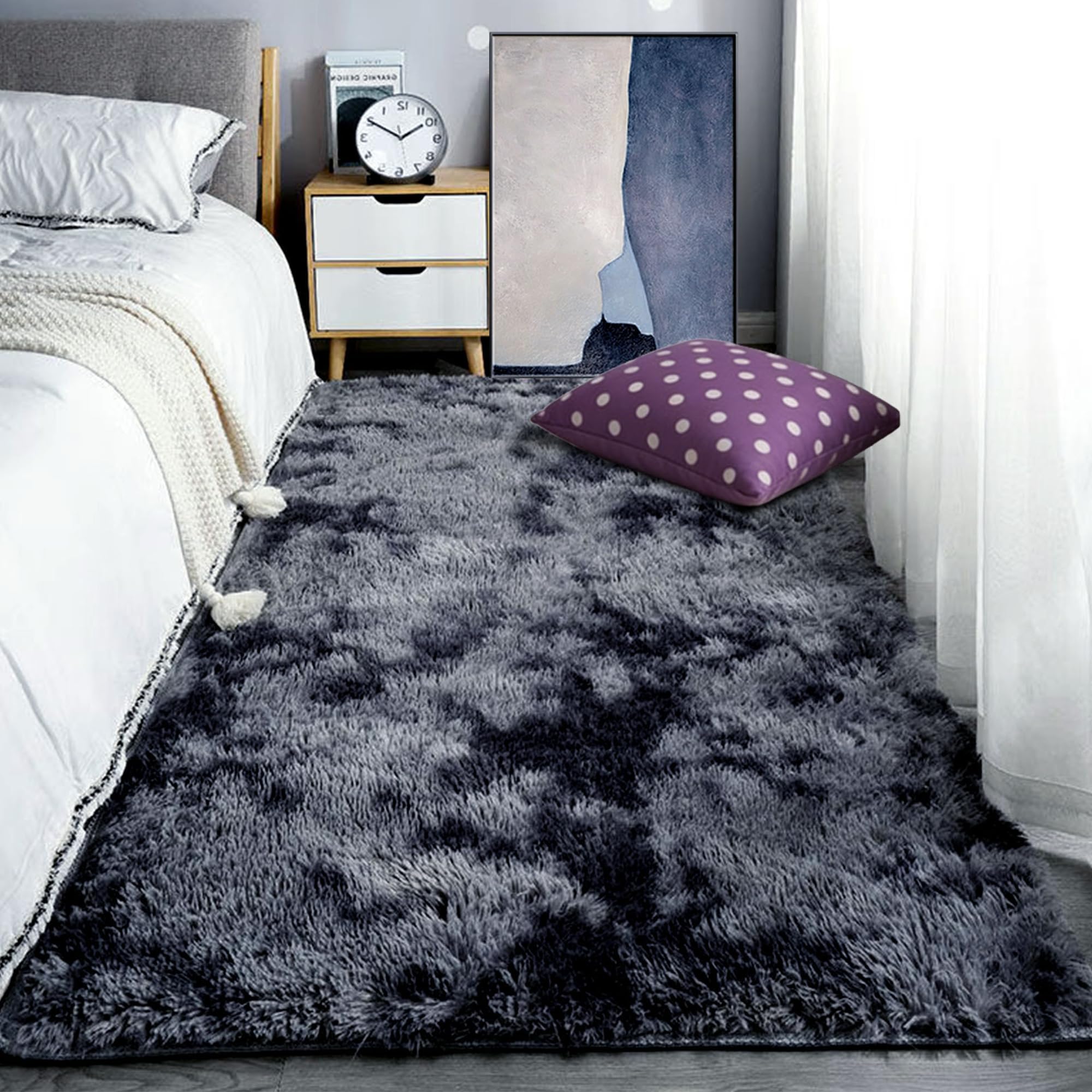 Tapis salon shaggy lavable en machine 170x290 grand tapis gris foncé chambre
