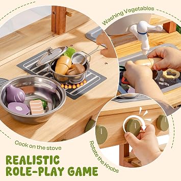 ROBOTIME Mud Kitchen Kids Outdoor Wooden Kitchen Playset Water Sink Storage Faucet Flower Pot Cooking Accessories Gift for Boys & Girls Educational Outdoor Toys for Ages 3+