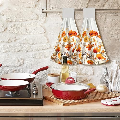 Miniatura 7 de Toallas de cocina colgantes de flores silvestres otoñales, hojas de flores naranjas de otoño, casa de campo, tela absorbente de secado a mano,