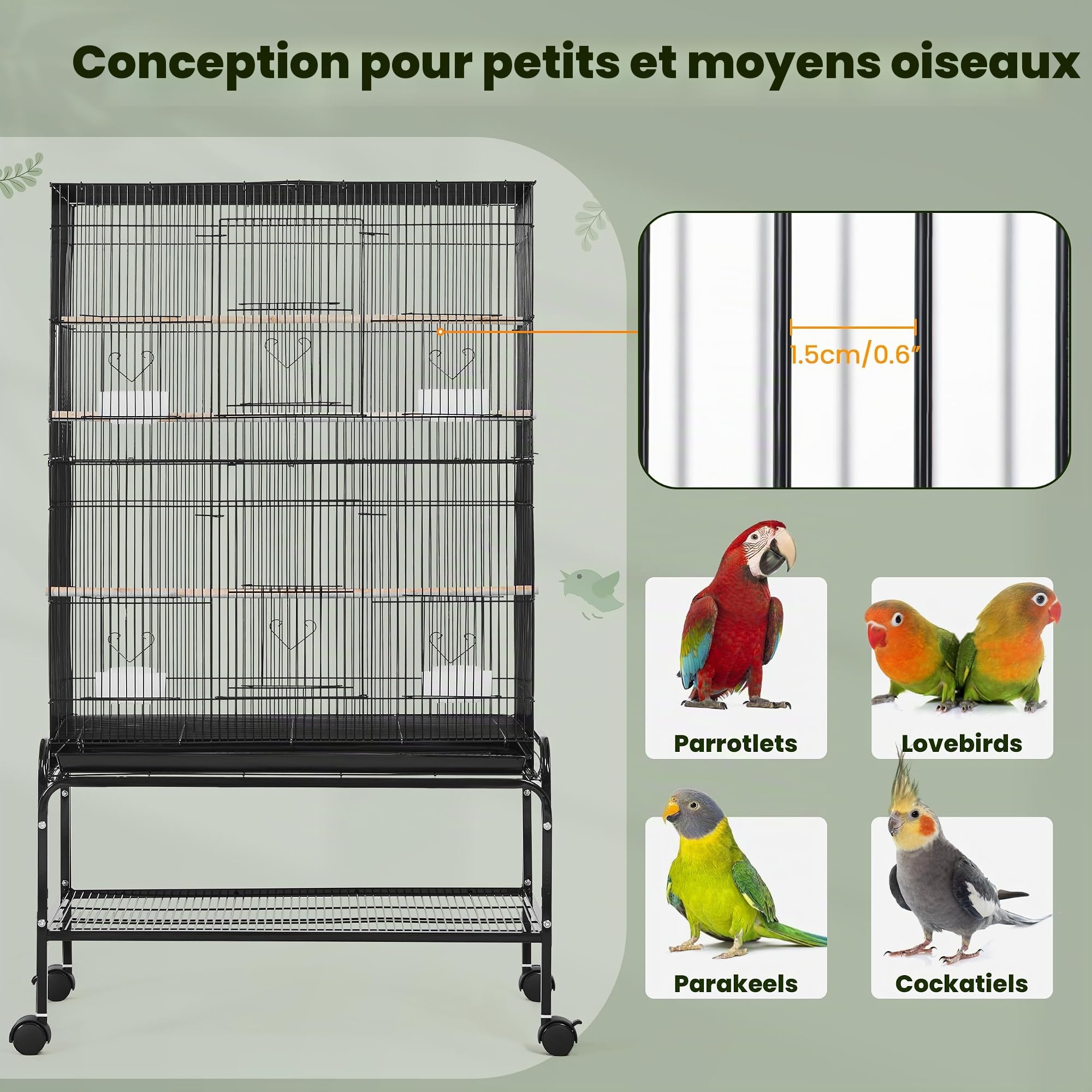 Yaheetech Grande Cage Oiseau sur Pied Volière Canaries Perroquet Grosses Perruches Cacatoès Ara Cage Oiseaux sur roulettes 2 Portes avec Support 79 x 49 x 134,5 cm