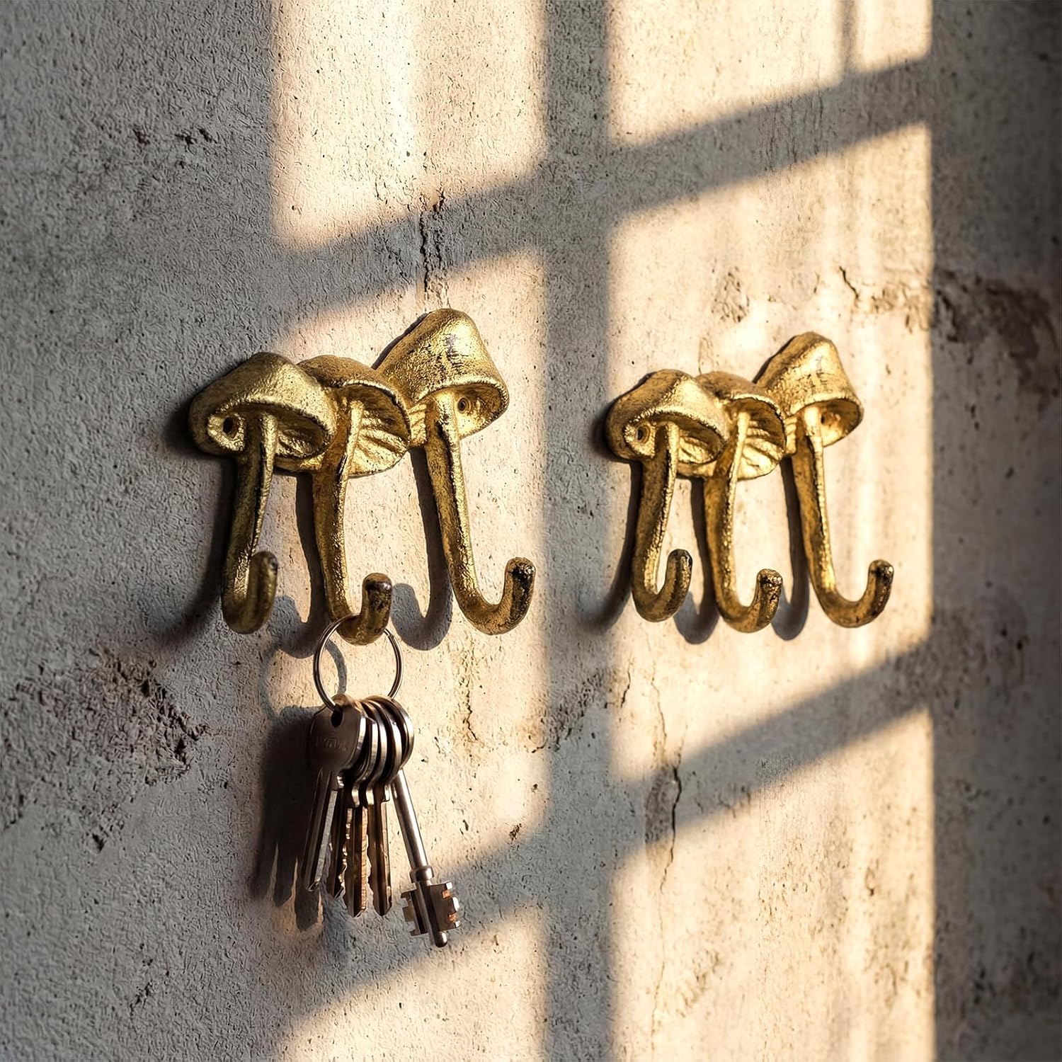 Frienda Set of 2 Mushroom Wall Hook Antique Decorative Coat Hook Heavy Duty Wall Hanger Mushroom Rack Hanger with 3 Hooks and Screws for Hanging Clothes, Coats, Towels, Keys and Hats (Gold)