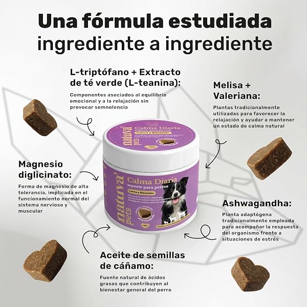 natuva pets Calmante para Perros - 120 Masticables con L-Triptófano, Ashwagandha, Magnesio, Melisa y Valeriana - Golosinas Relajantes para Perros - Ansiedad, Separación, Estrés, Petardos - 3