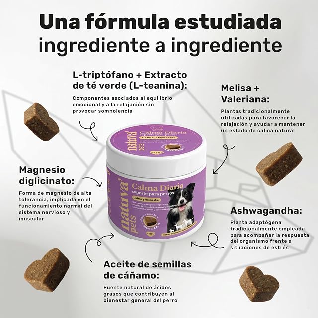 Foto 3 de 8 de natuva pets Calmante para Perros - 120 Masticables con L-Triptófano, Ashwagandha, Magnesio, Melisa y Valeriana