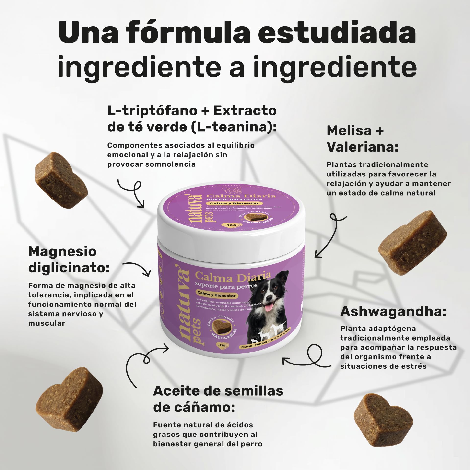 natuva pets Calmante para Perros - 120 Masticables con L-Triptófano, Ashwagandha, Magnesio, Melisa y Valeriana - Golosinas Relajantes para Perros - Ansiedad, Separación, Estrés, Petardos — view 3
