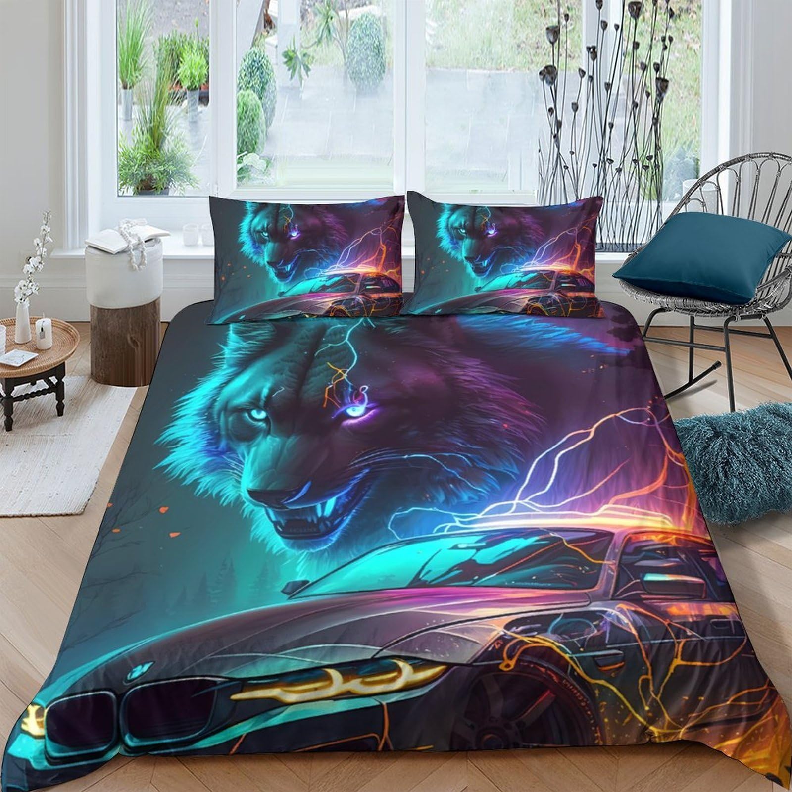 GPLZQXKJNH 3D Printed Neon Tiger Duvet Cover Microfiber Soft Breathable Electric Panther Bedding Set with 2 Pillowcases for Bedroom Decor Single（135x200cm）