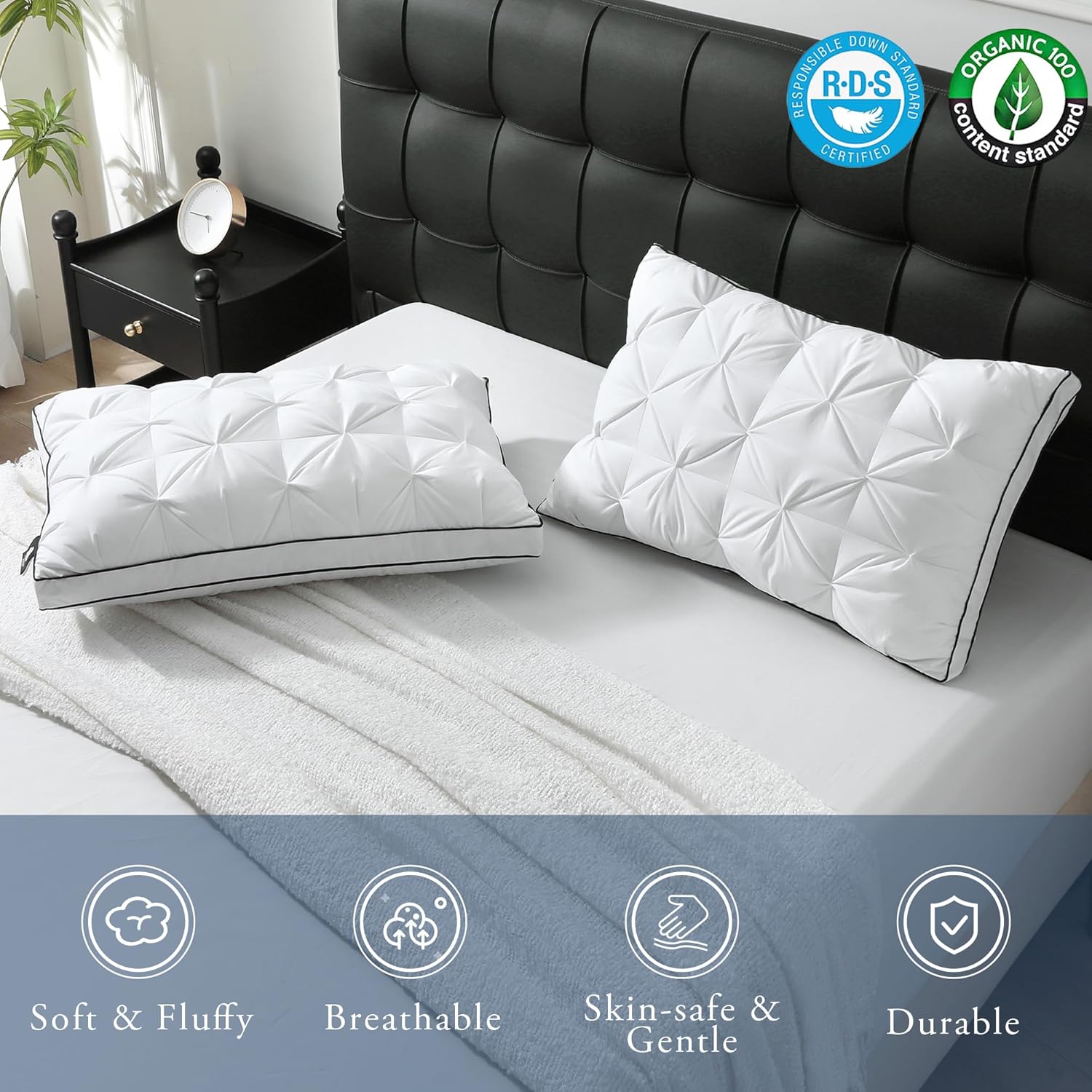 BPC Luxury Goose Feather Down Pillows Queen Size, Gusseted Hotel Bed Pillows for Sleeping, 100% Organic Cotton Cover, Surround Polyester Fill, Soft Fluffy for Sleepers (18"x28" + 2" Gusset, Pack of 2)