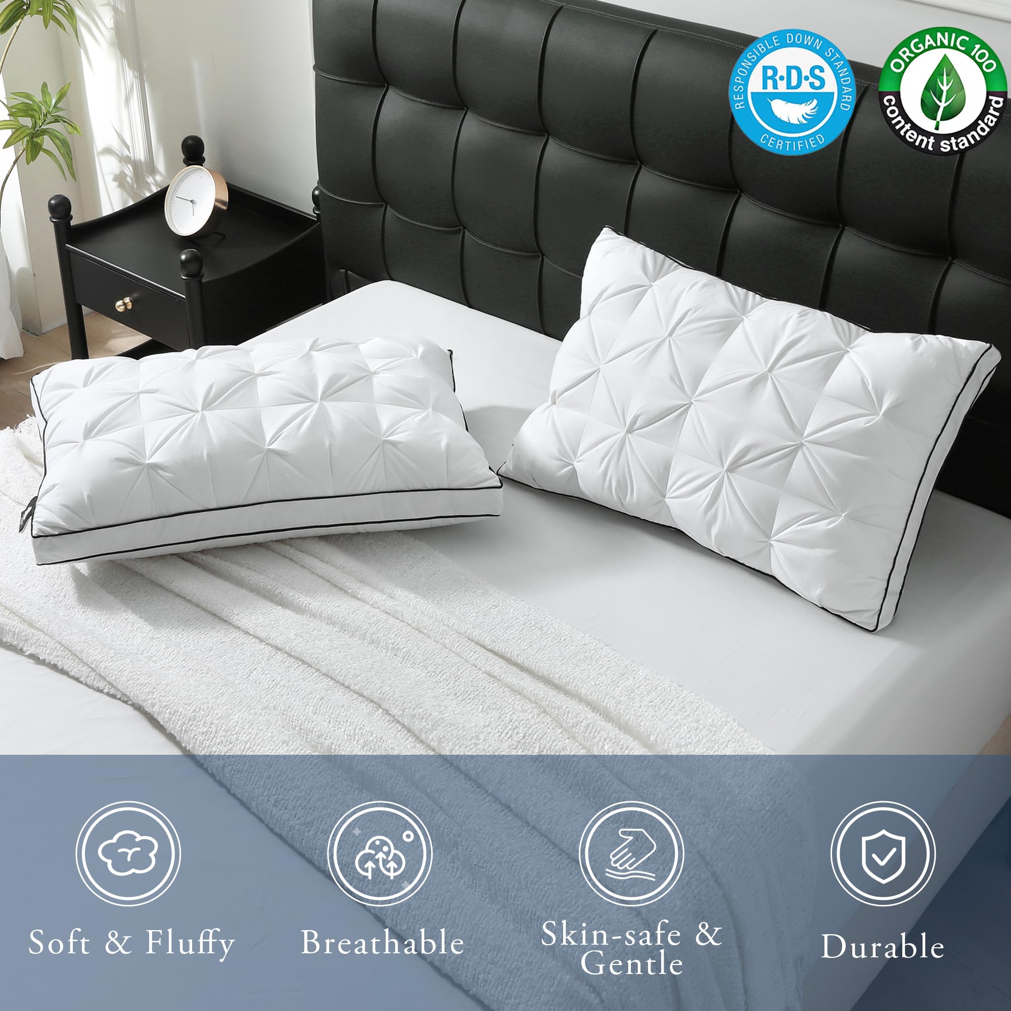 The Best Luxury Pillows to Buy in 2026 4 BPC Luxury Goose Feather Down Pillows Queen Size, Gusseted Hotel Bed Pillows for Sleeping, 100% Organic Cotton Cover, Su — product photo