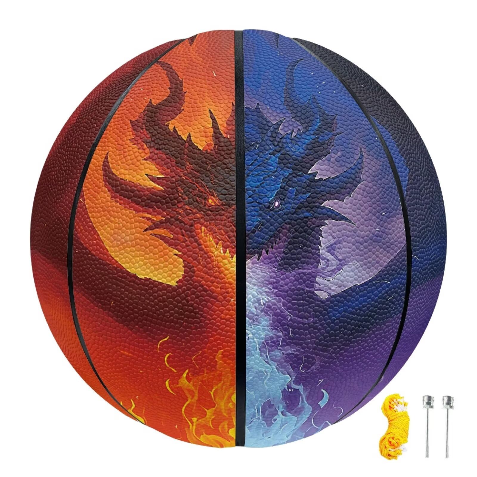Urndoeng Ice and Fire Dragon Print Basketball Size 5 (27.5") Indoor Outdoor Basketball PU Leather for Boys Girls Play Games White Elephant Party Children's Day Room Decoration