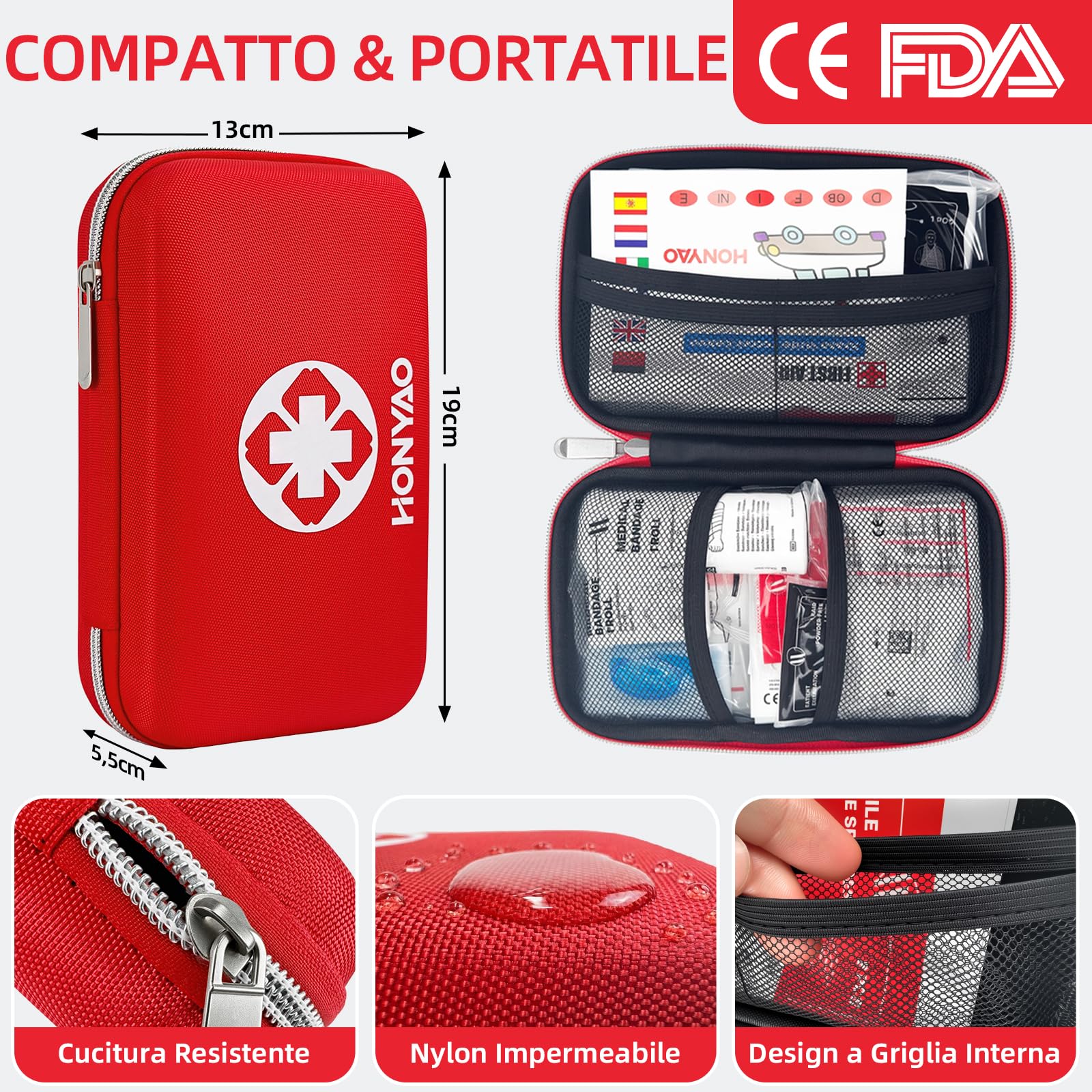 HONYAO Kit di Pronto Soccorso, 200 Pezzi Scatola di Emergenza per Primo Intervento, Kit di Primo Soccorso per Casa Auto Barca Moto Roulotte Trekking e Campeggio